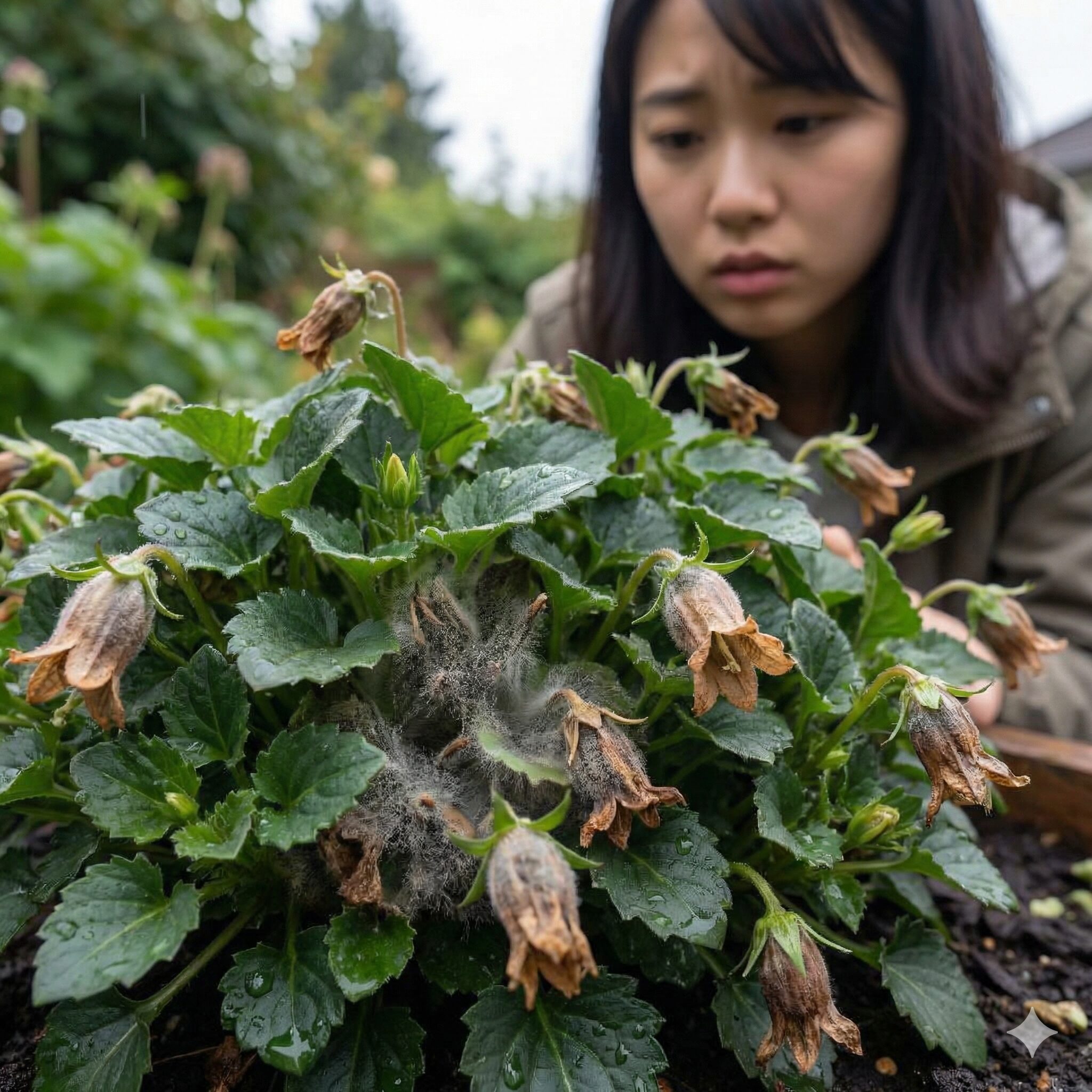 カンパニュラ メリーベル 育て方10　多湿な環境下でカンパニュラ・メリーベルの株元や枯れた花に発生し始めた灰色かび病の初期症状