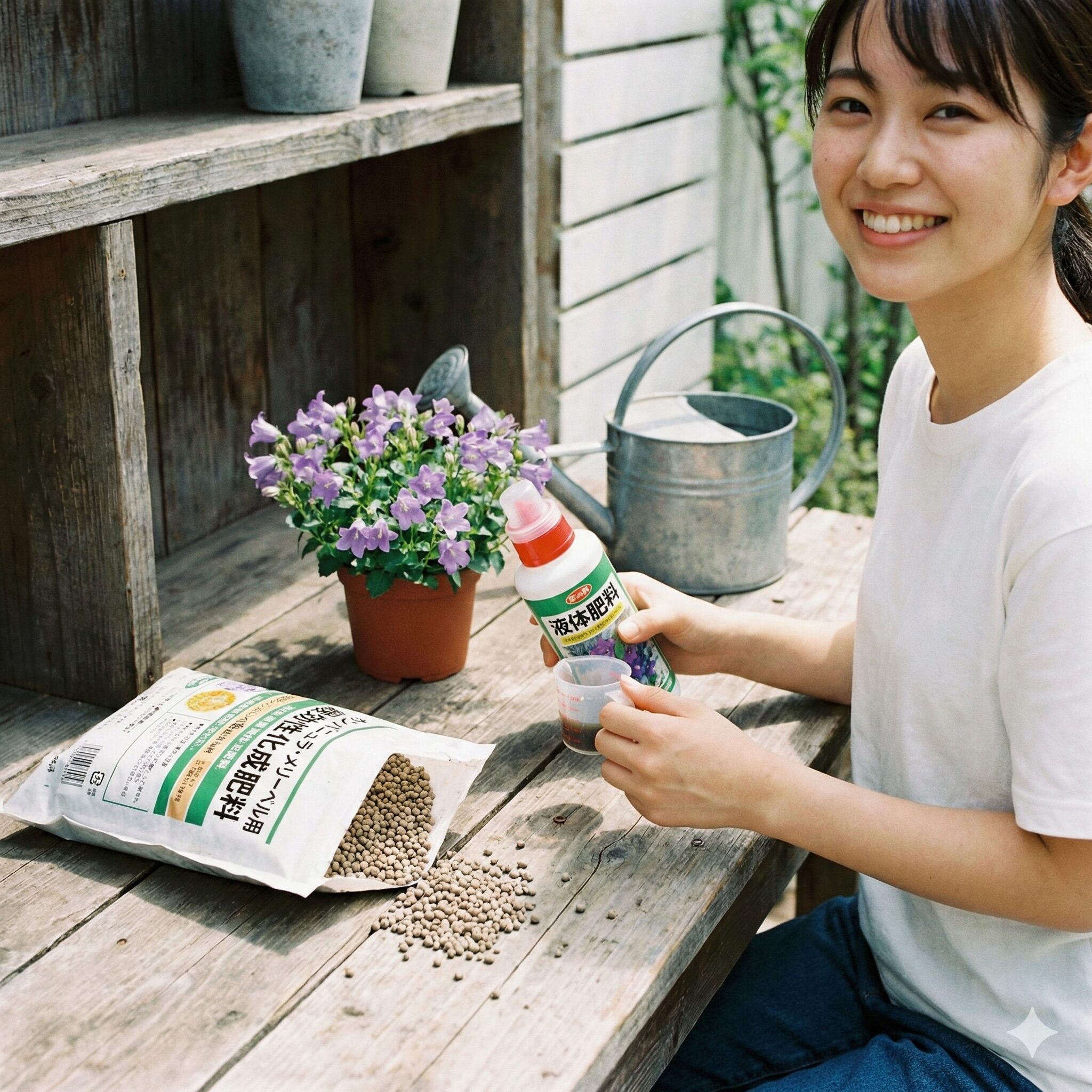 カンパニュラ メリーベル 育て方5　カンパニュラ・メリーベルの開花促進に使われる緩効性固形肥料と希釈用の液体肥料