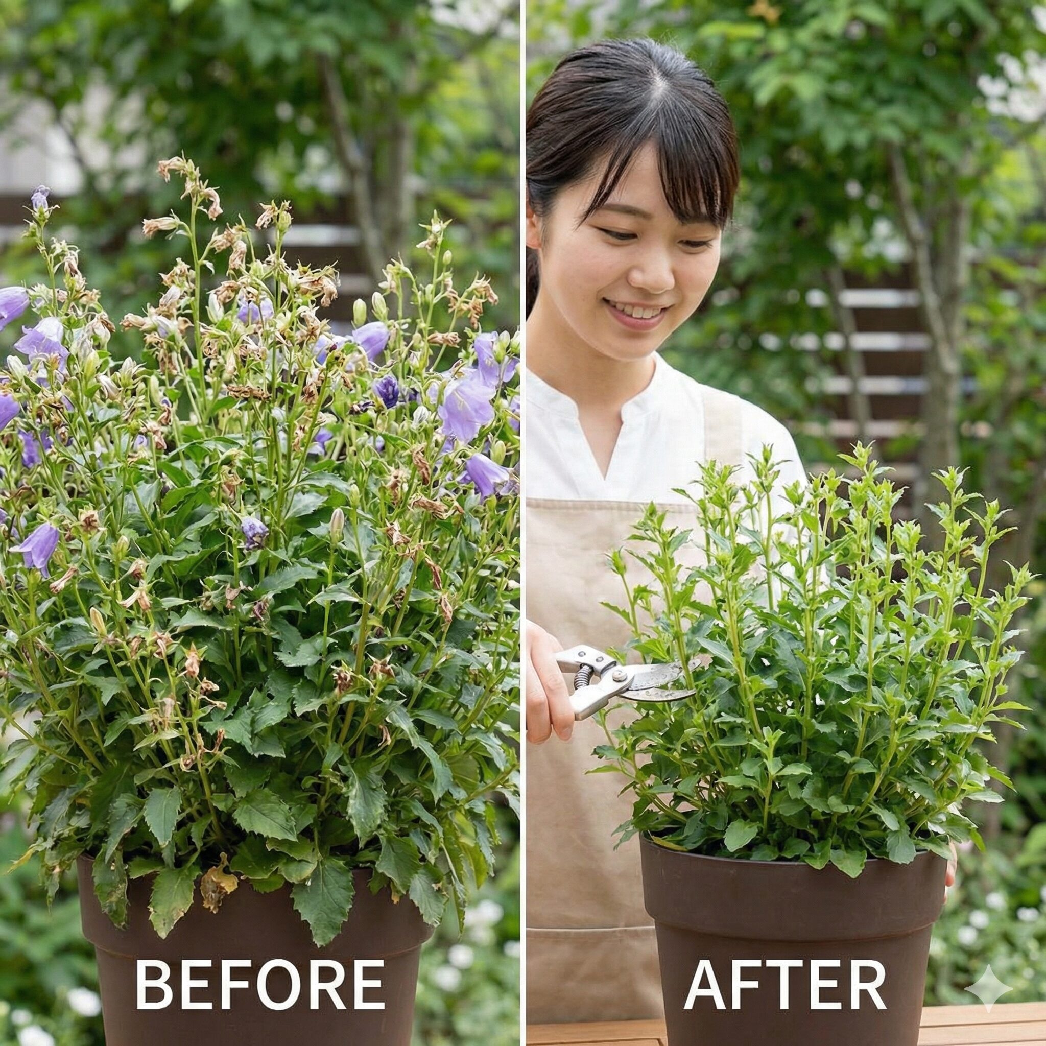 カンパニュラ メリーベル 育て方7　夏越し対策として行われたカンパニュラ・メリーベルの切り戻し前（左）と切り戻し後（右）の比較写真