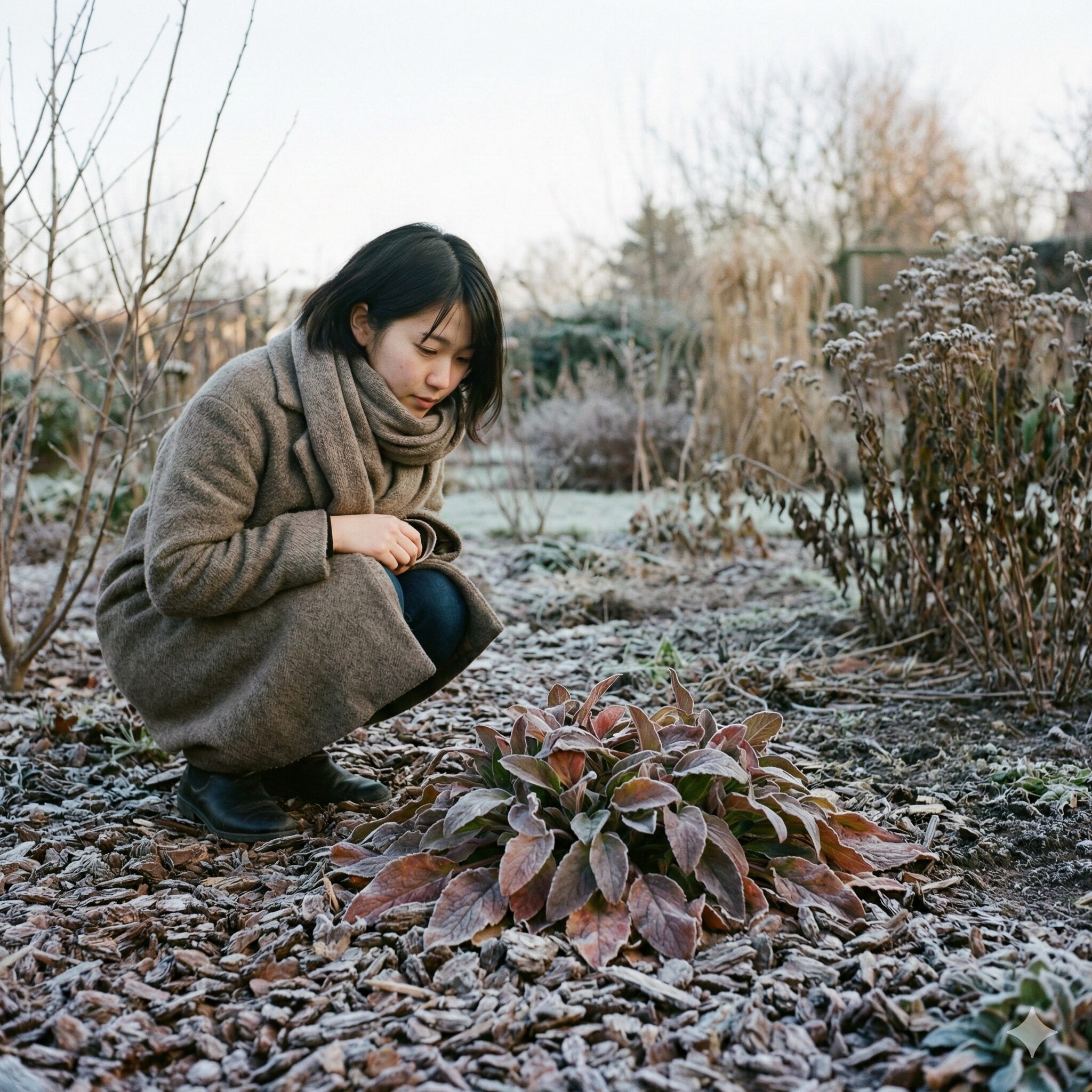 カンパニュラ メリーベル 育て方8　冬の寒さに対応してロゼット状になり、株元にマルチングが施されたカンパニュラ・メリーベルの冬姿