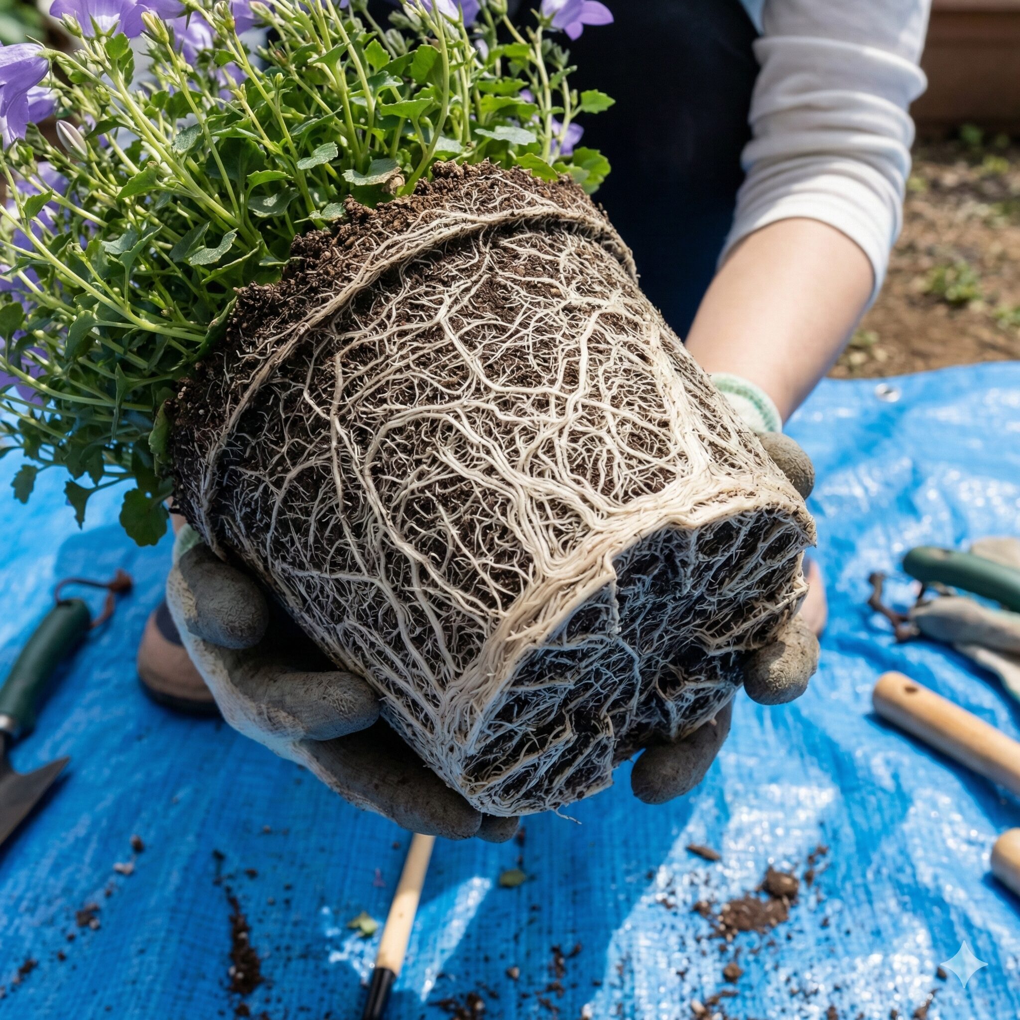 カンパニュラ メリーベル 育て方9　鉢の中で根がびっしりと回り、植え替えのサインである根詰まりを起こしているカンパニュラ・メリーベルの根の状態