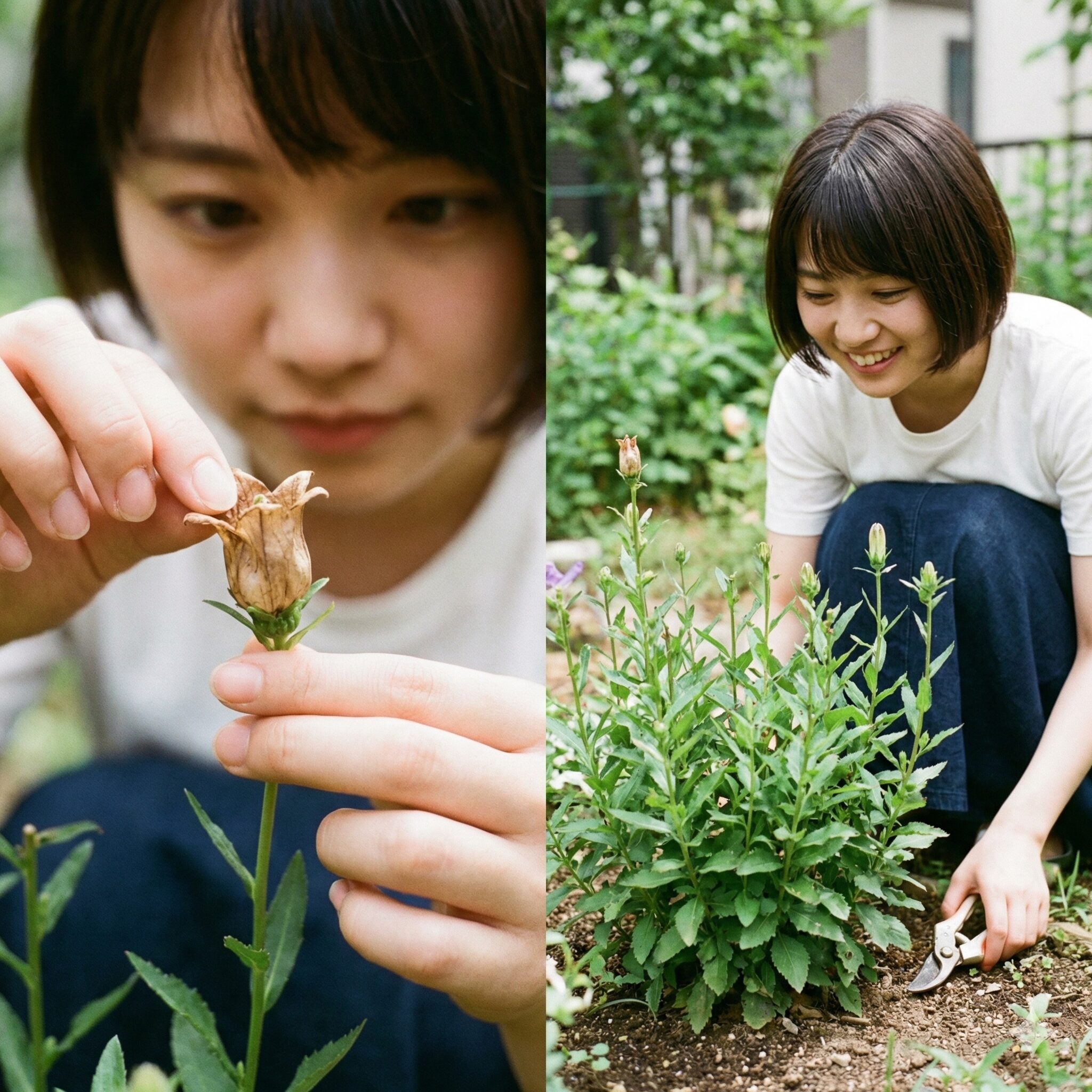 カンパニュラ 育て か た10　カンパニュラの花がら摘みと初夏の切り戻し剪定の様子