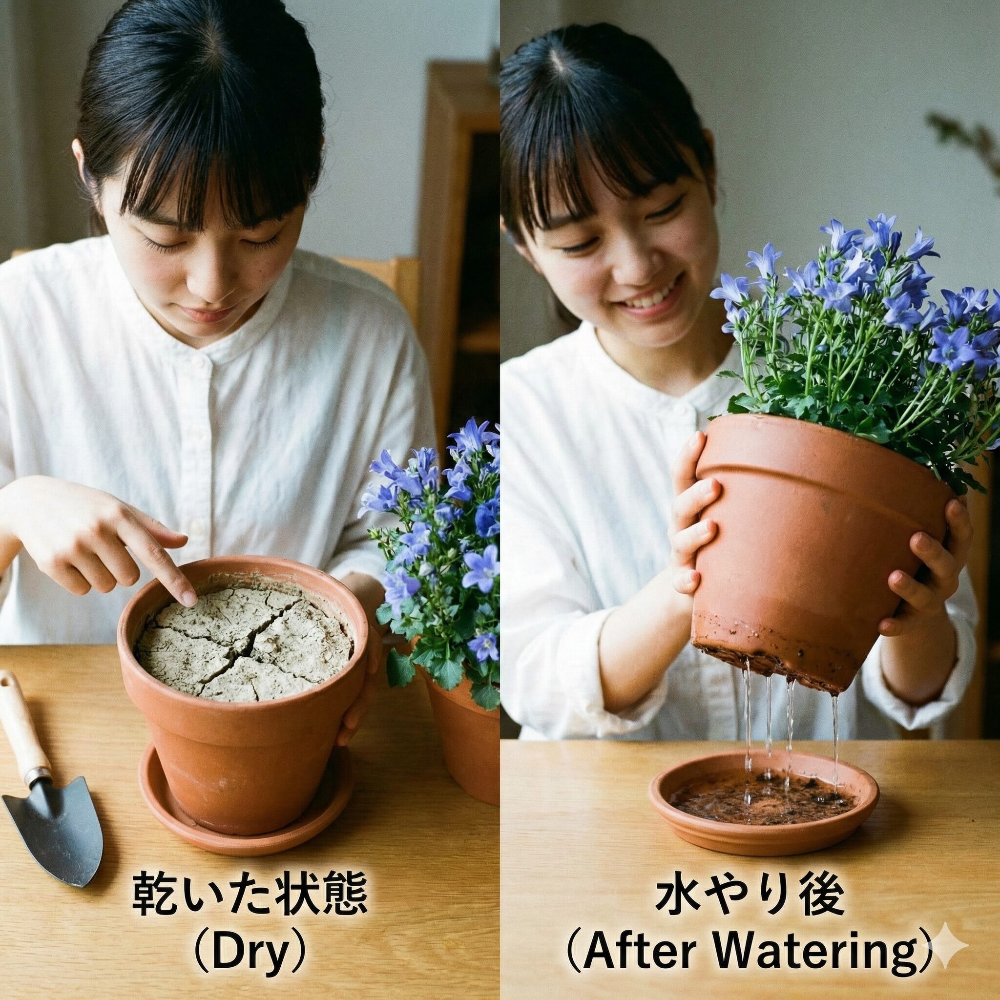 カンパニュラ 育て か た3　カンパニュラの水やり：土の乾燥状態と鉢底から流れる水