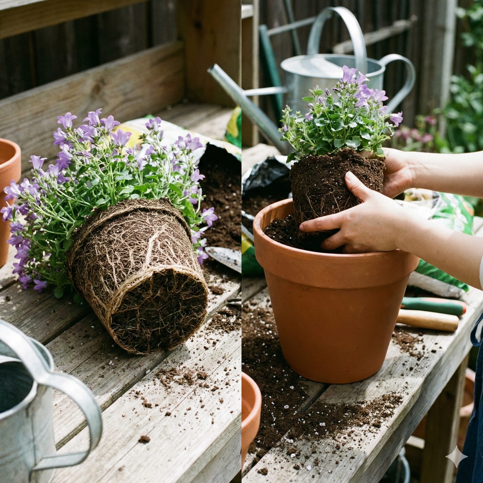 カンパニュラ 育て か た5　根詰まりしたカンパニュラの根鉢と適切な深さでの植え替え作業