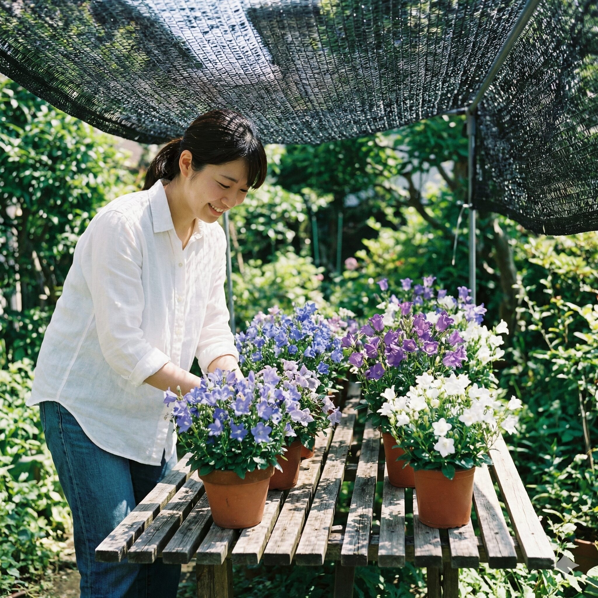 カンパニュラ 育て か た6　夏の暑さ対策：遮光ネットとスノコを利用したカンパニュラの管理