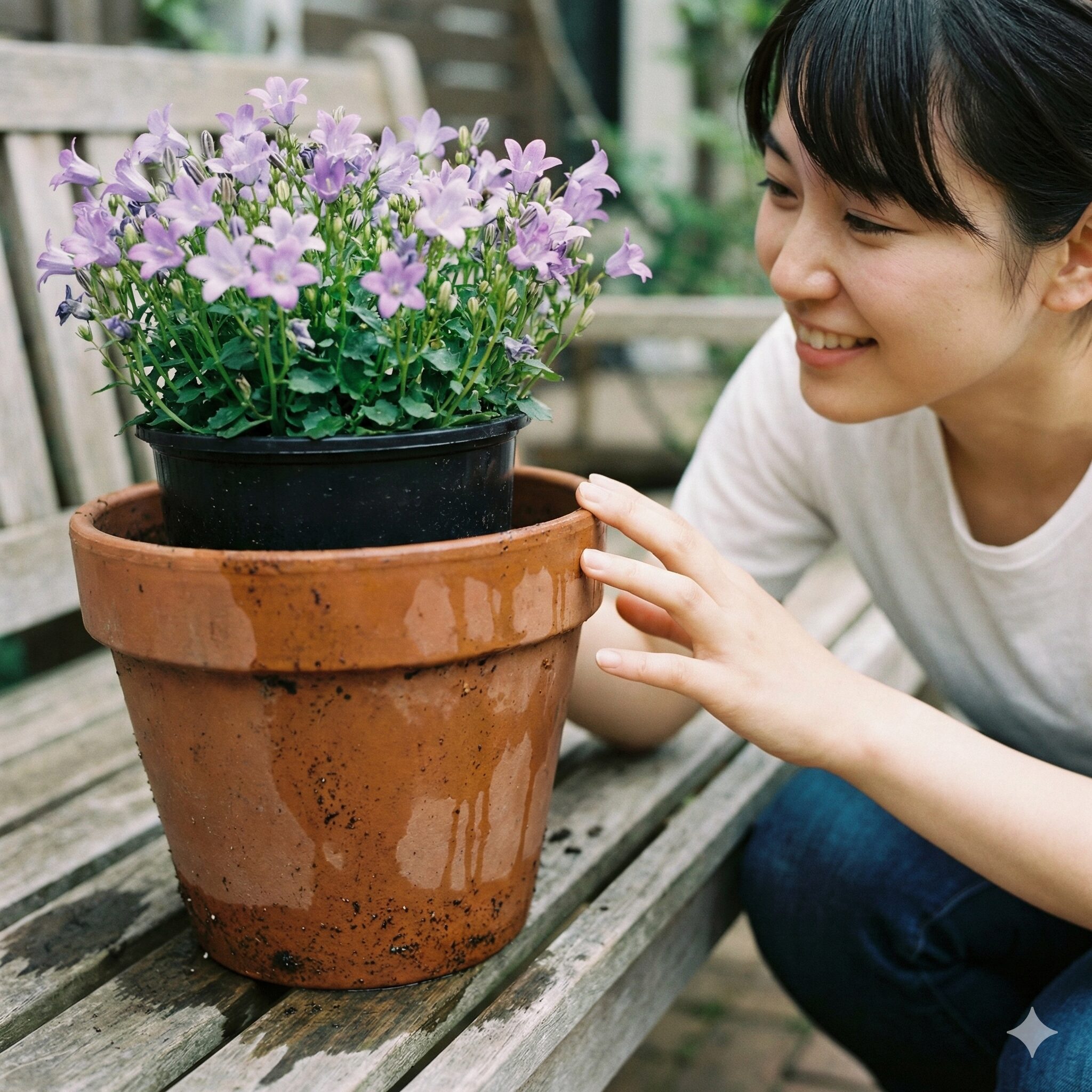 カンパニュラ 育て か た7　カンパニュラの夏越し対策：気化熱を利用した二重鉢の方法