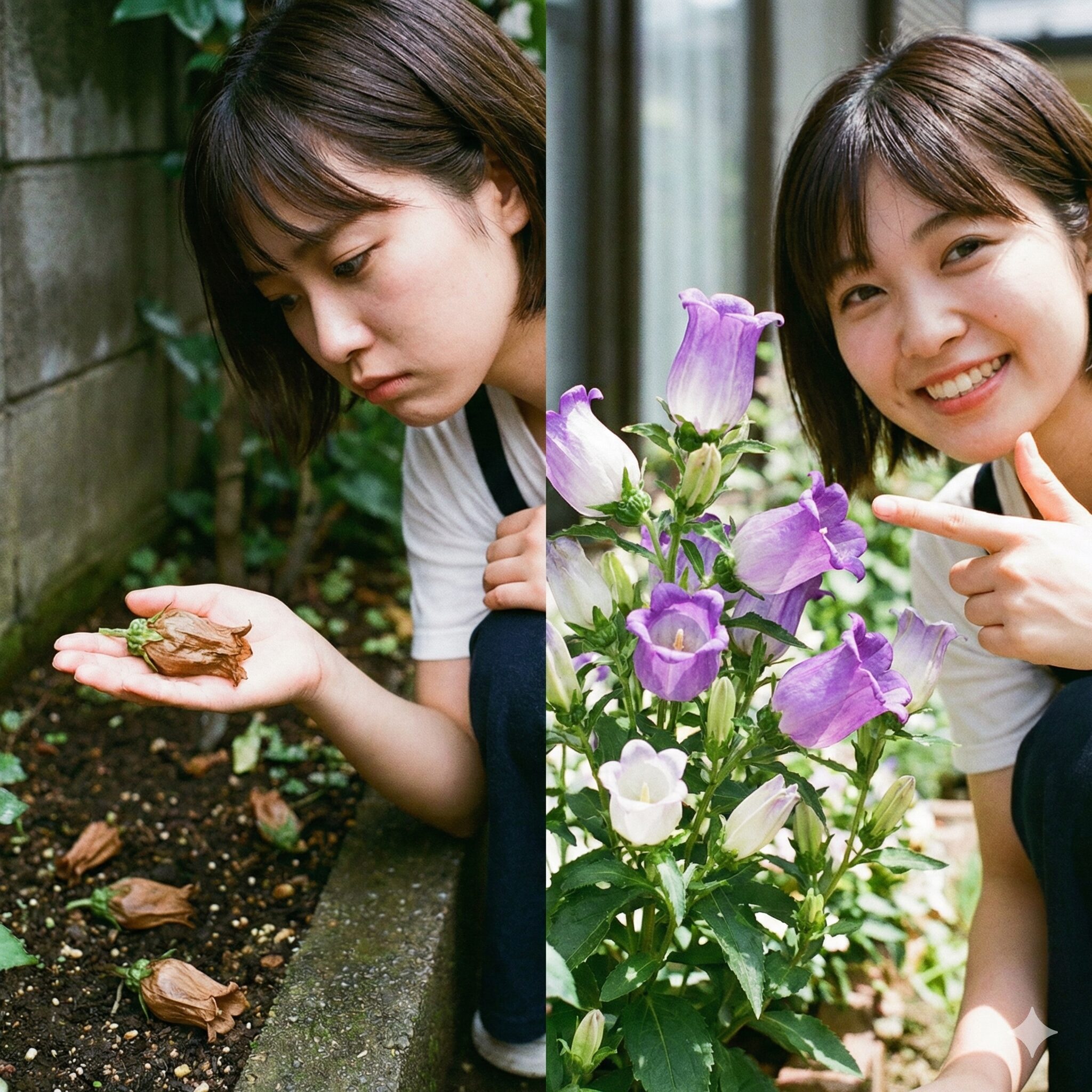 カンパニュラ 育て か た8　日照不足で落下した蕾と健康なカンパニュラの蕾の比較