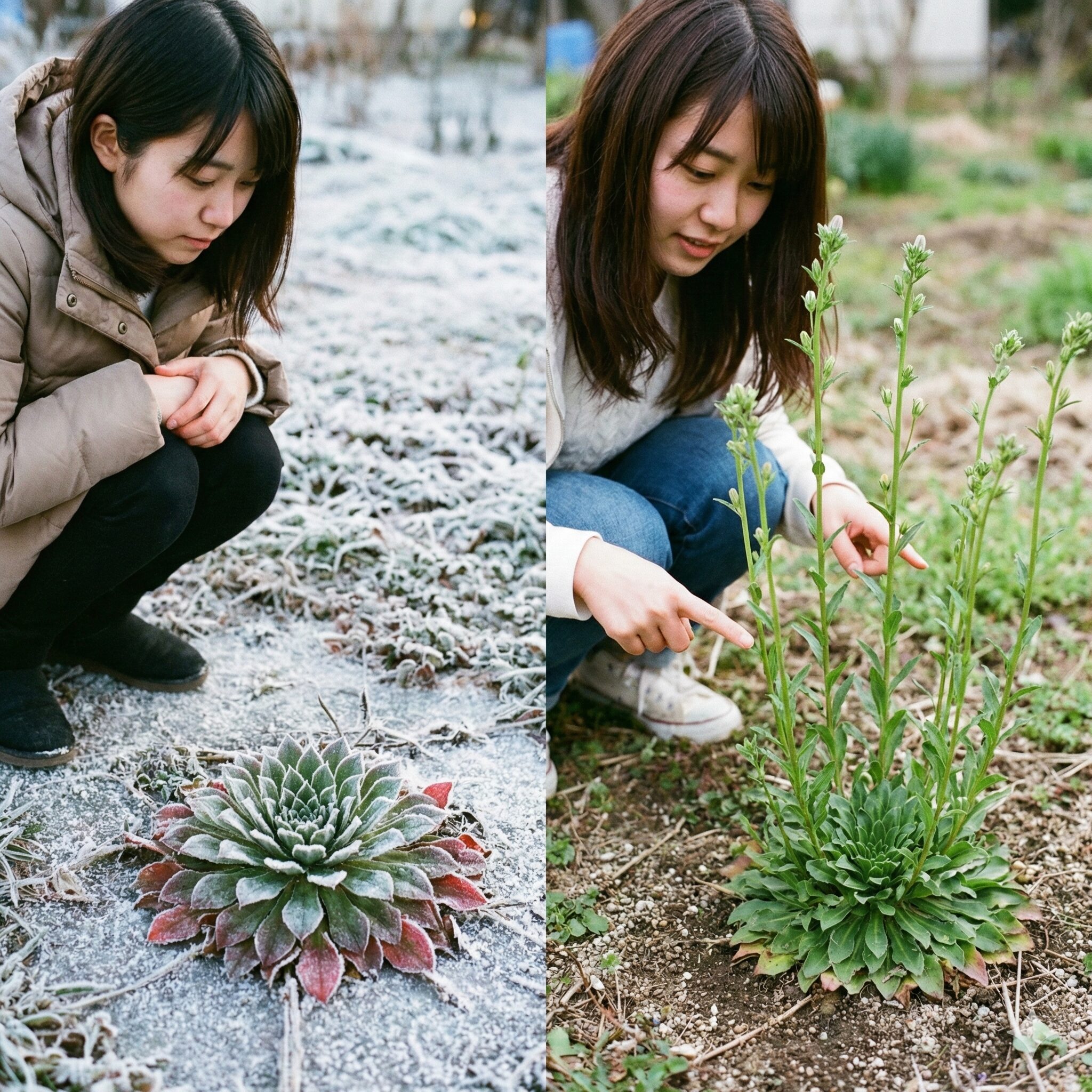 カンパニュラ 育て か た9　冬のロゼット状のカンパニュラと春の花茎伸長