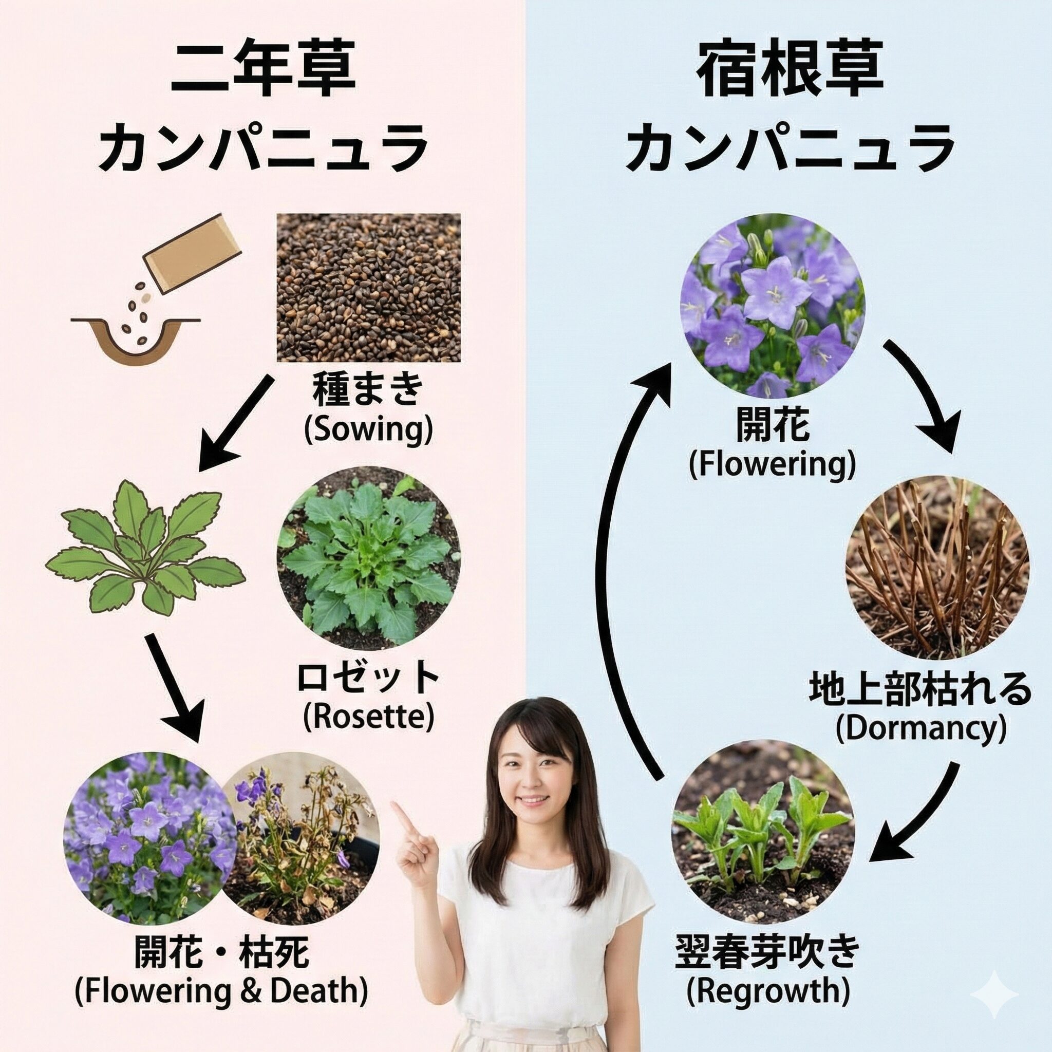 カンパニュラ 育て方 地植え2　カンパニュラの二年草と宿根草のライフサイクル比較図解
