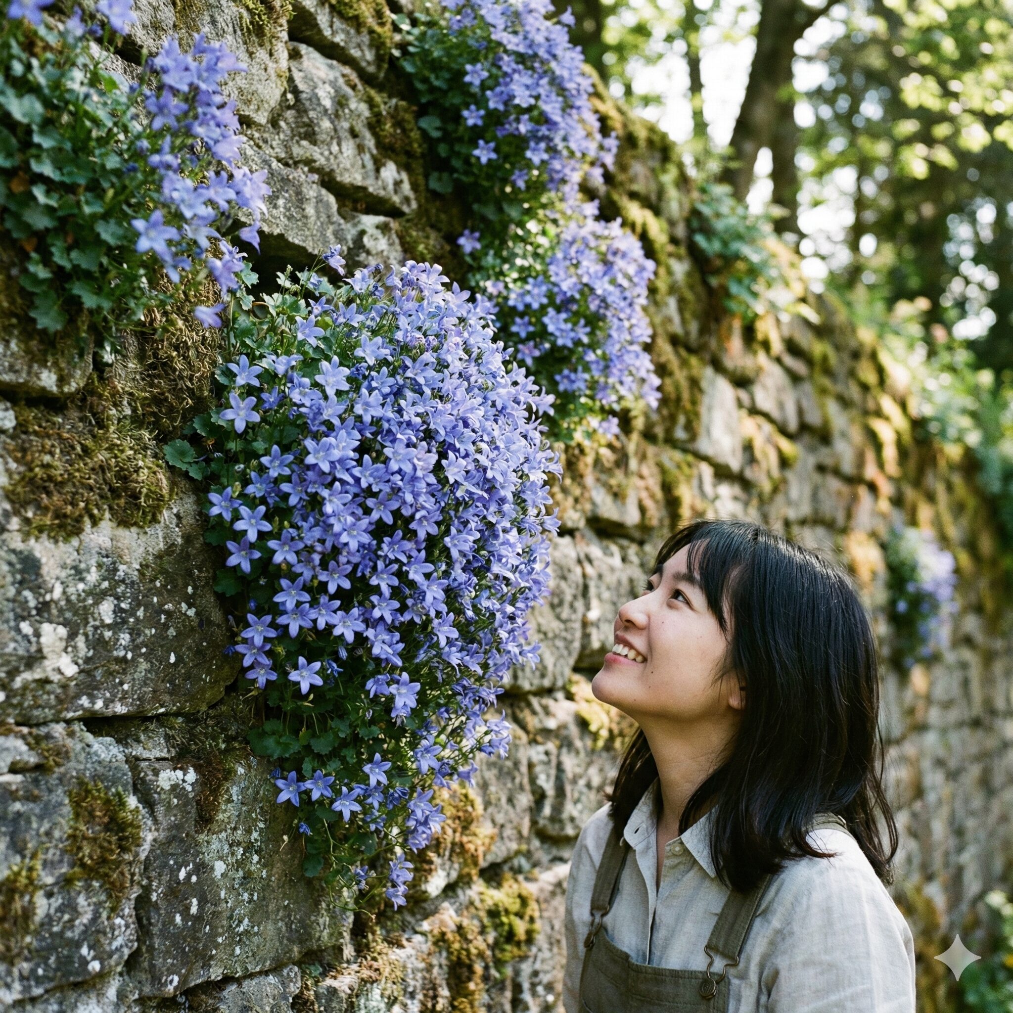 カンパニュラ 育て方 地植え4　石垣から垂れ下がるように咲くカンパニュラ・アルペンブルー