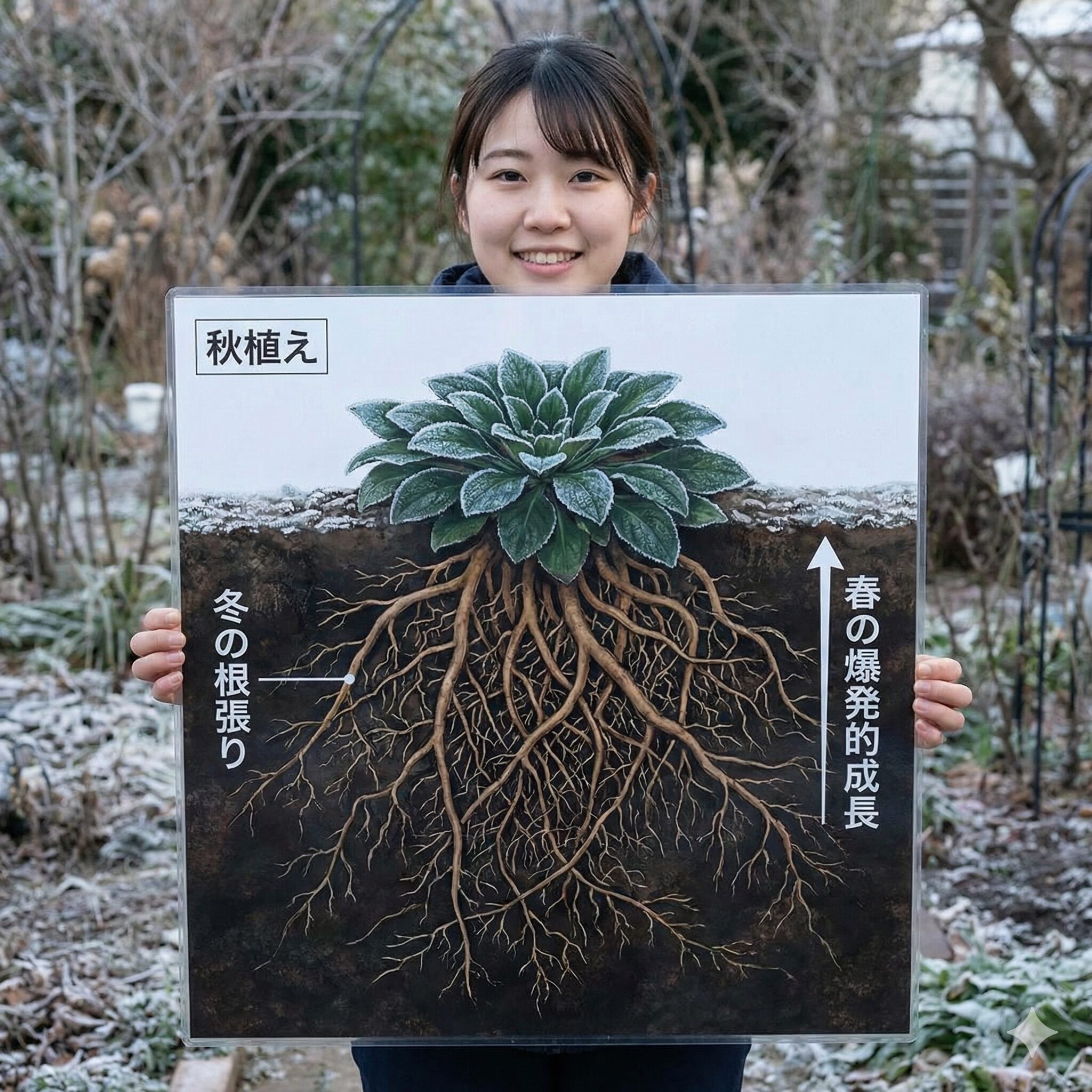 カンパニュラ 育て方 地植え7　秋植えカンパニュラの冬の根張りと春の成長を示す図解