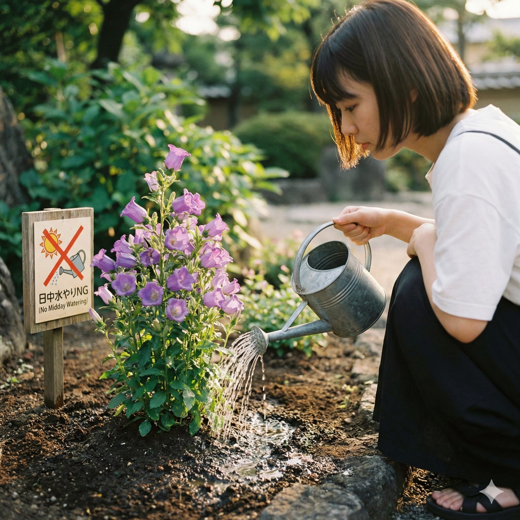 カンパニュラ 育て方 地植え9　夏のカンパニュラへの正しい水やり方法（早朝または夕方）