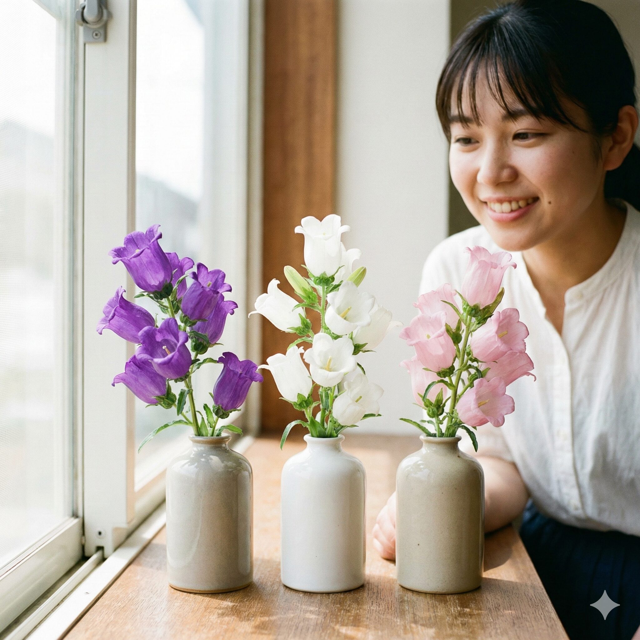 カンパニュラ 花言葉 色 別2　紫、白、ピンクの色別に並んだカンパニュラの花。それぞれ異なる花言葉を持つ様子を表現。