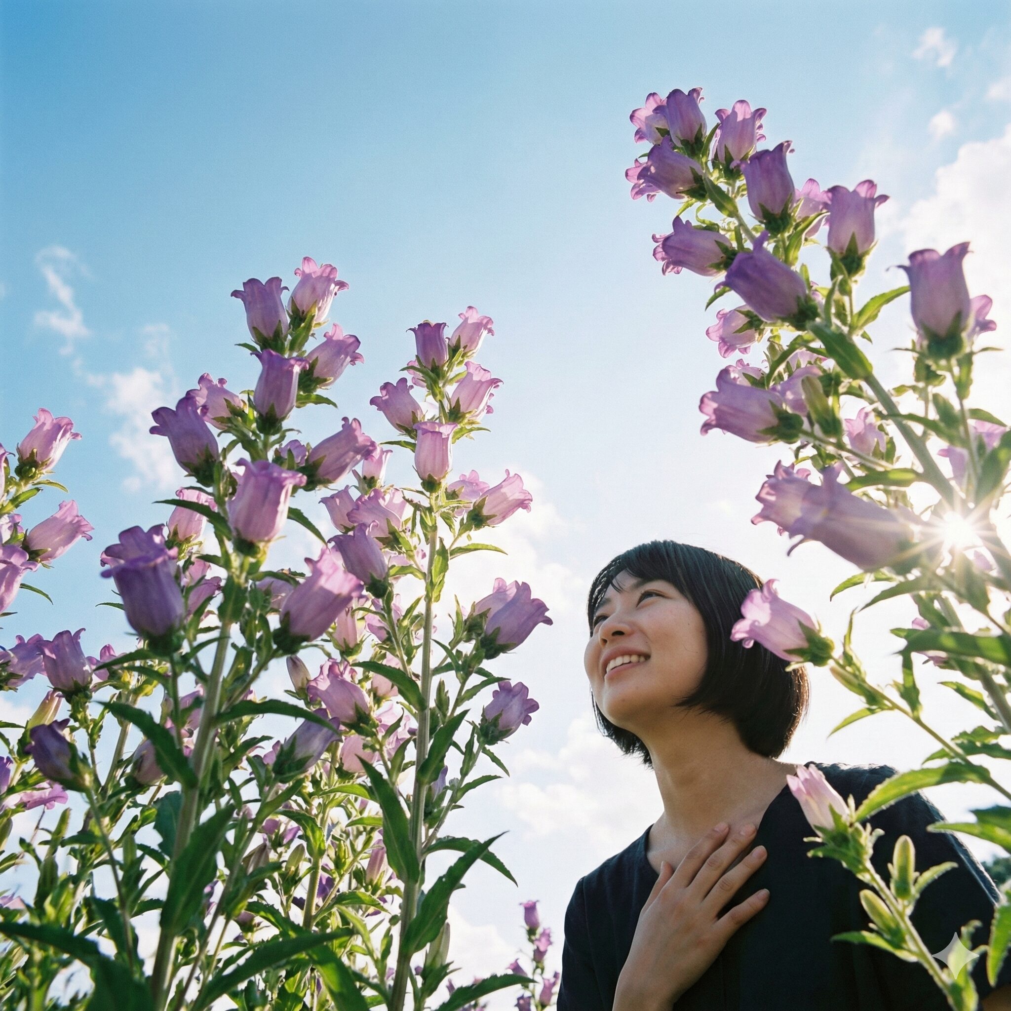 カンパニュラ 花言葉 色 別4　青空に向かって真っ直ぐに伸びる紫色のカンパニュラ。「希望」と「大望」の花言葉を象徴する姿。