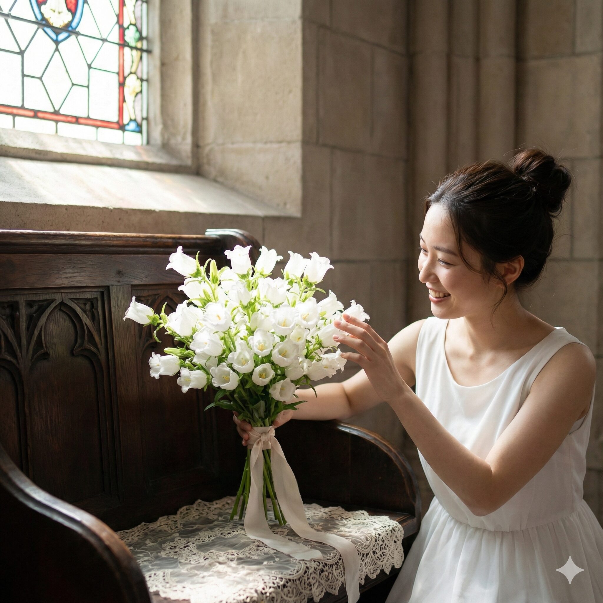 カンパニュラ 花言葉 色 別5　白いカンパニュラで作られた美しいウェディングブーケ。「感謝」と「誠実」な愛のメッセージを表現。