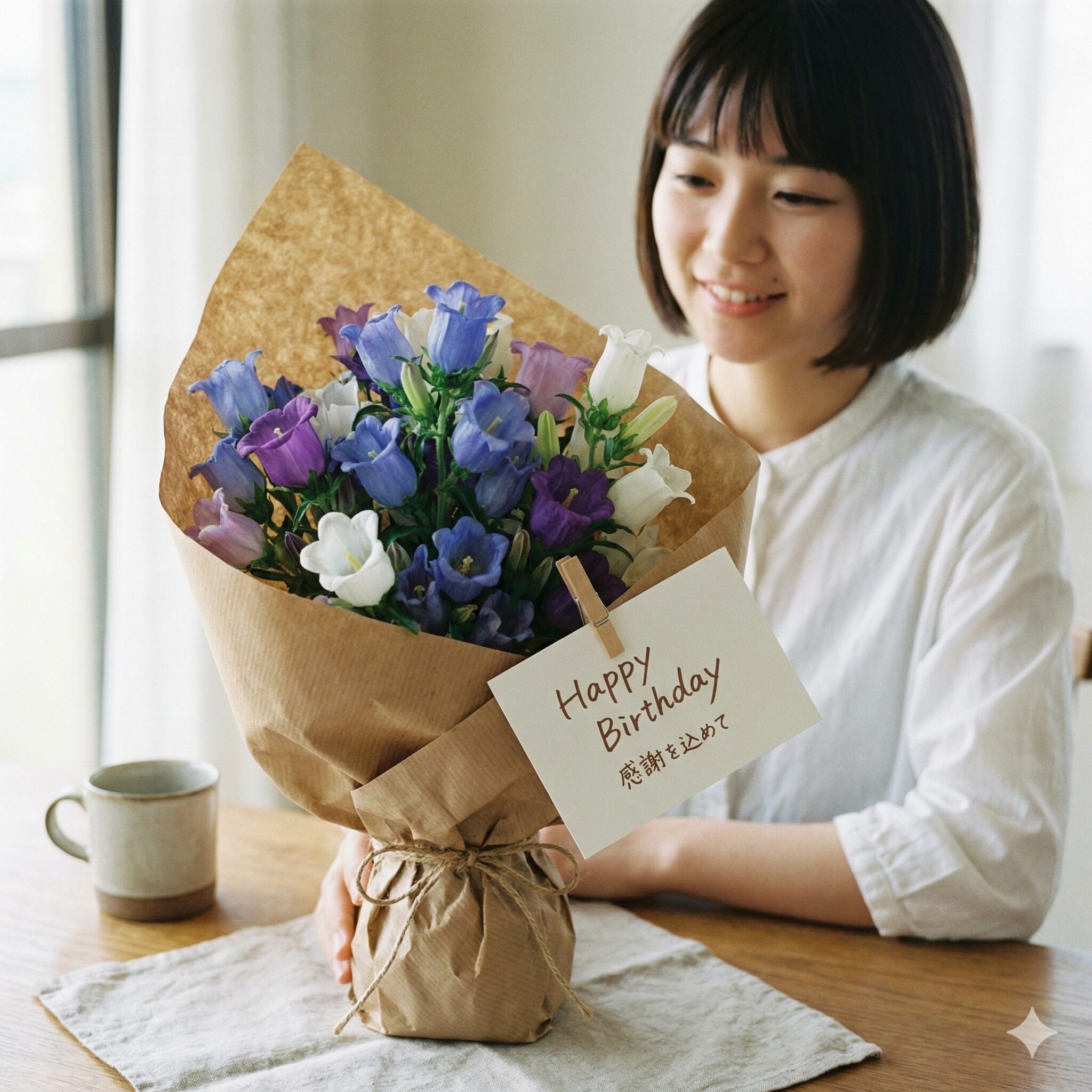 カンパニュラ 花言葉 色 別7　誕生花のギフトとしてラッピングされたカンパニュラの花束とメッセージカード。