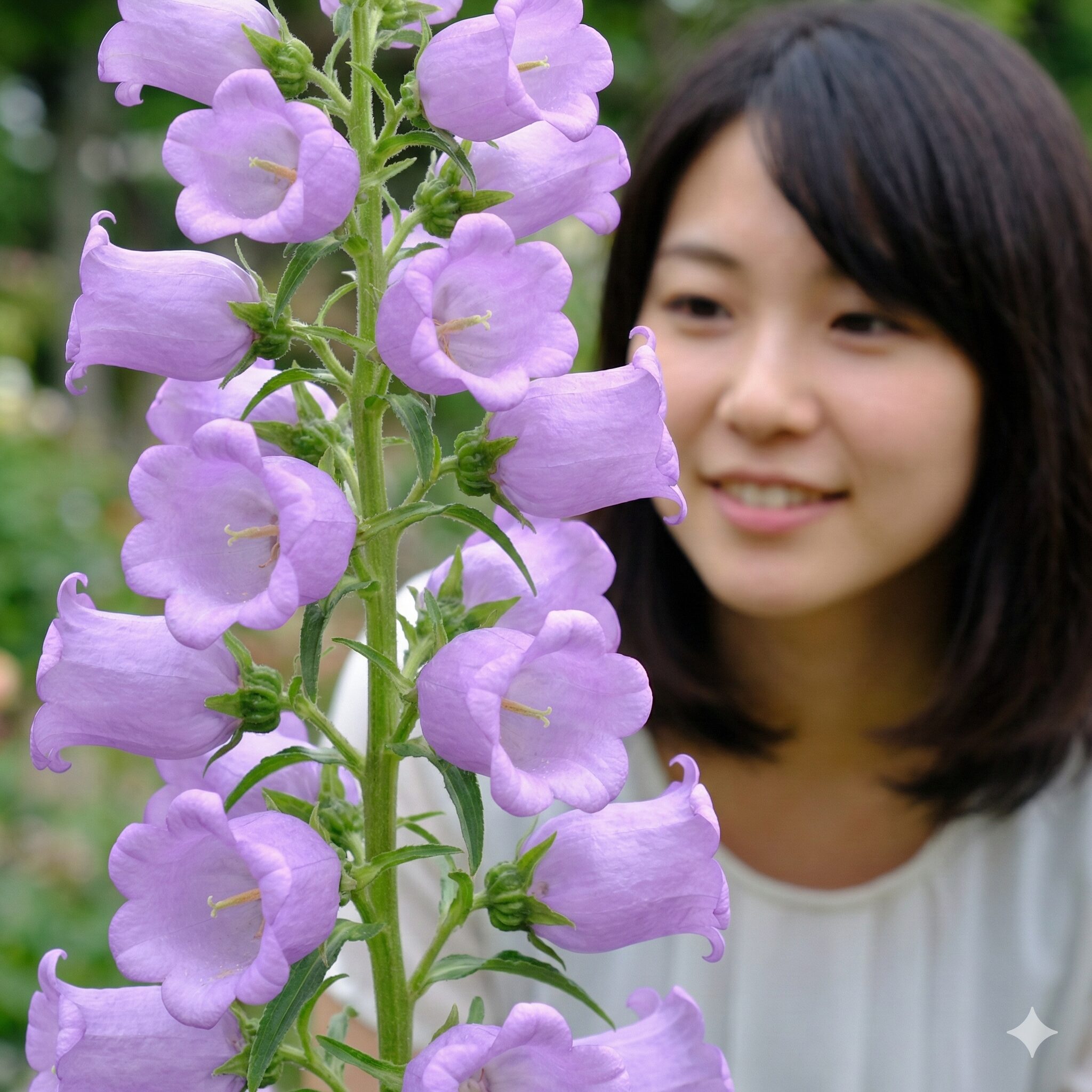 カンパニュラ 花言葉 色 別8　大きな釣鐘型の花が特徴的なカンパニュラ・メディウム（フウリンソウ）のクローズアップ。