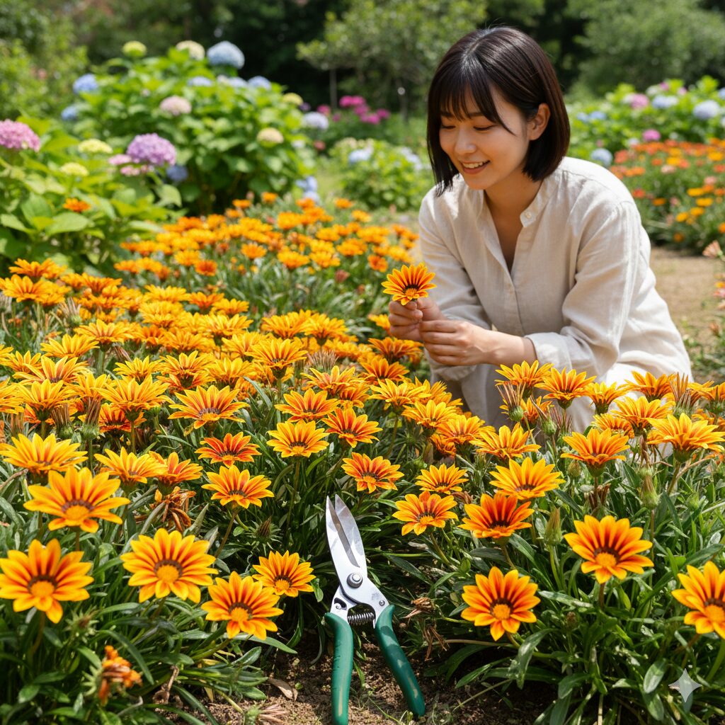 ガザニア 切り戻し 時期1　庭で満開に咲くオレンジ色のガザニアの花と手入れ用の園芸ハサミ