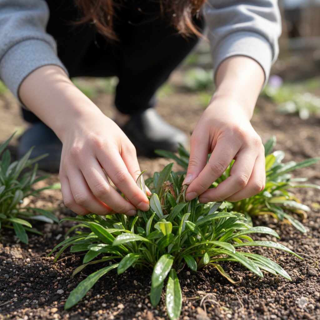 ガザニア 切り戻し 時期2　春のガザニアの株元から顔を出す新しい緑の新芽とお手入れの様子