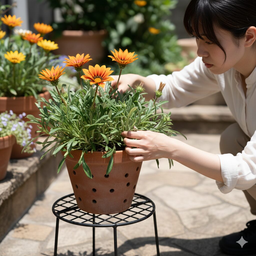 ガザニア 切り戻し 時期4　夏の蒸れ対策としてフラワースタンドで通気性を確保したガザニアの鉢植え