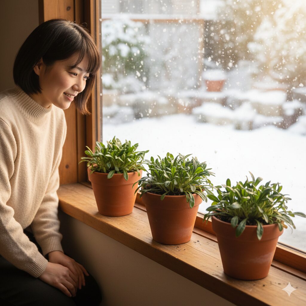 ガザニア 切り戻し 時期5　寒冷地で冬越しするために室内へ取り込まれたガザニアの鉢植え