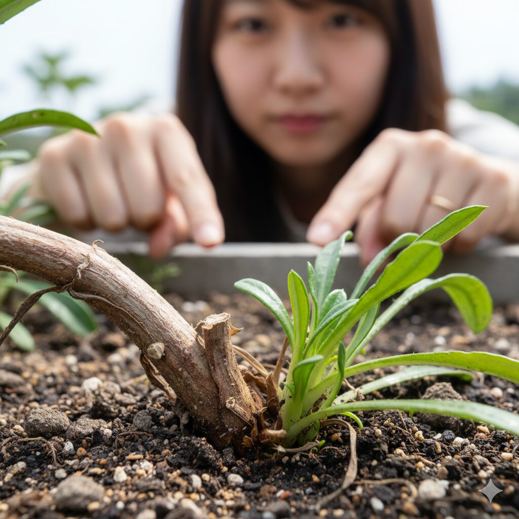 ガザニア 切り戻し 時期6　ガザニアの木質化した古い茎と切り戻しによって芽吹いた若い新芽の比較