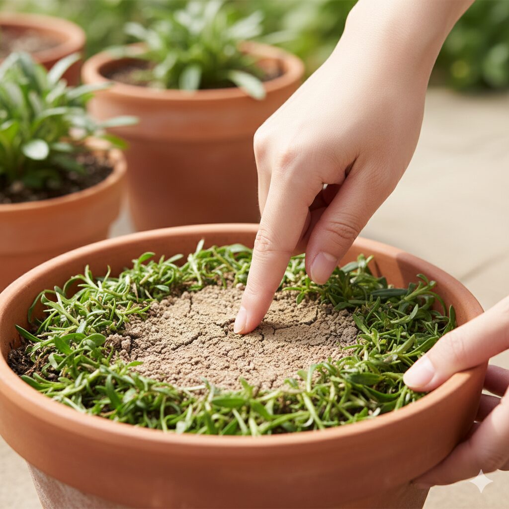 ガザニア 切り戻し 時期9　根腐れを防ぐためにガザニアの土の乾燥具合を指で確認する様子