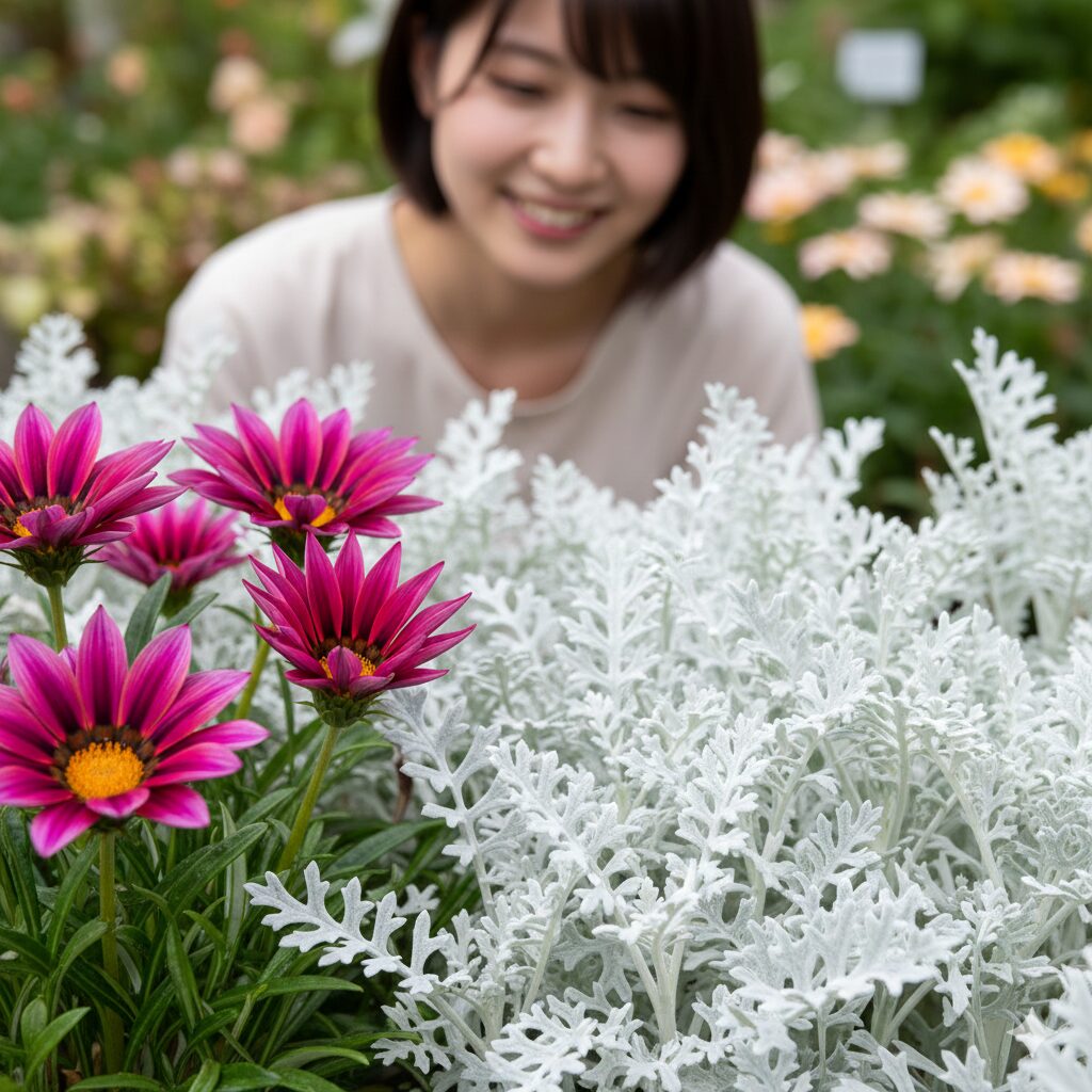 ガザニア 寄せ植え 相性3　赤いガザニアの花色を引き立てるシロタエギクのシルバーリーフとの色彩調和