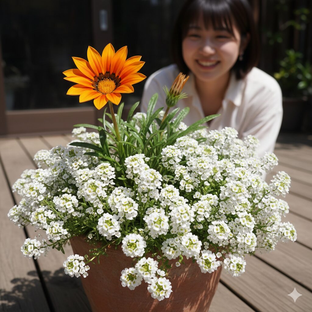 ガザニア 寄せ植え 相性4　ガザニアの足元をボリュームたっぷりに彩る白いスイートアリッサムの配置例