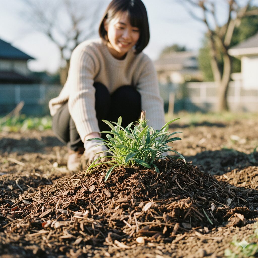 ガザニア 寄せ植え 相性7　冬の寒さや霜からガザニアの根を守るためにバークチップで行うマルチング対策