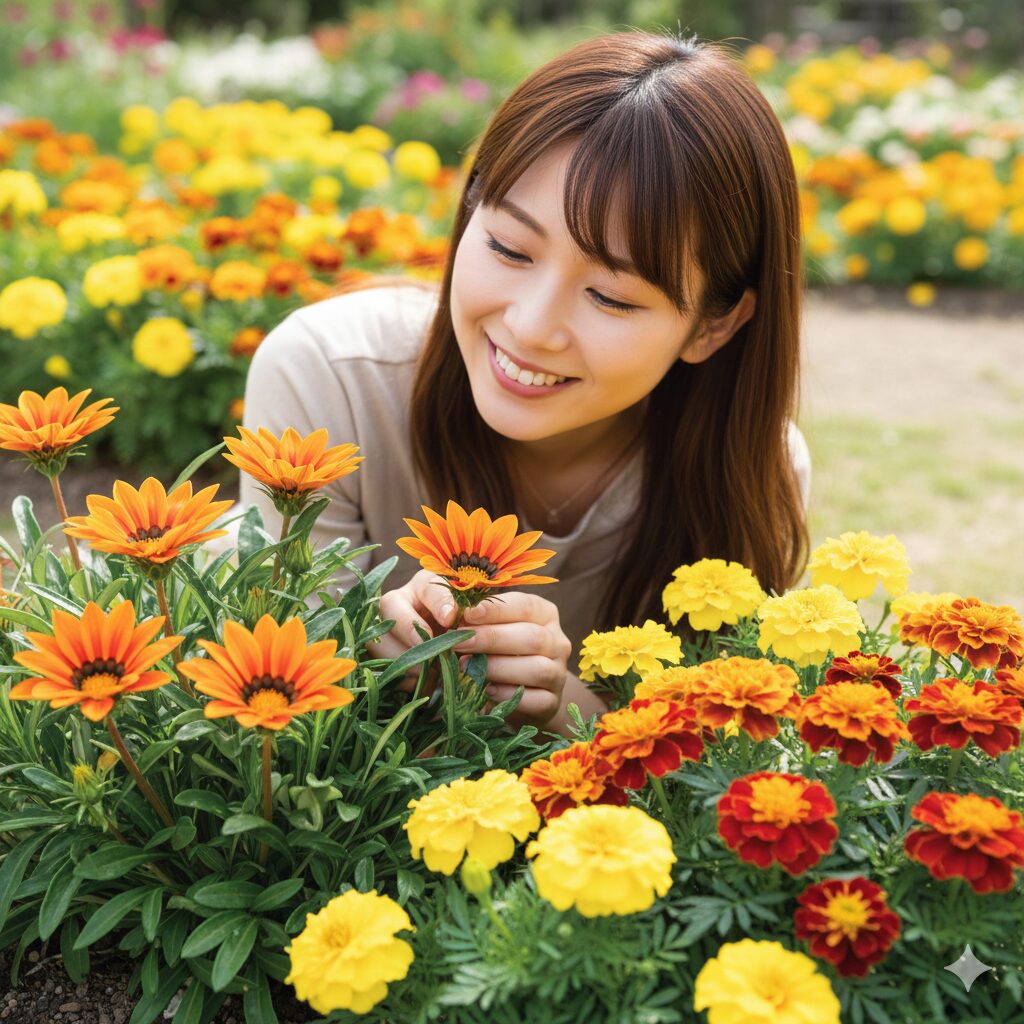 ガザニア 寄せ植え 相性8　防虫効果のあるマリーゴールドをガザニアの隣に植えるコンパニオンプランツの活用法