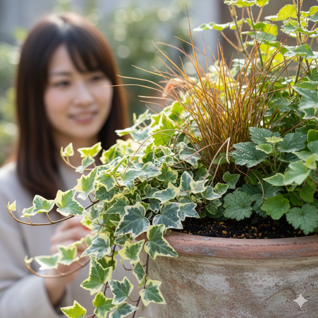ガザニア 寄せ植え 相性9　アイビーとカレックスが生むガザニアの寄せ植えの質感と立体感の対比