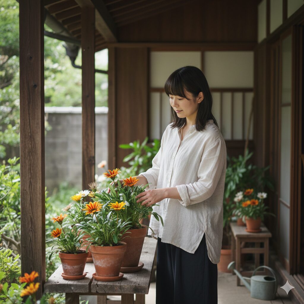 ガザニア 株分け やり方1　数年経過して中心部が木質化し、中空化現象が起きた宿根ガザニアの株。株分けが必要な状態。