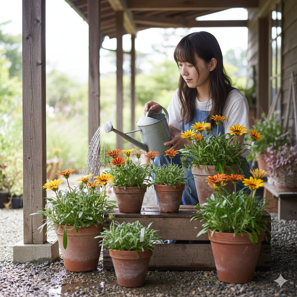 ガザニア 株分け やり方10　株分け直後の養生のため、直射日光を避けた明るい日陰で管理されるガザニア。
