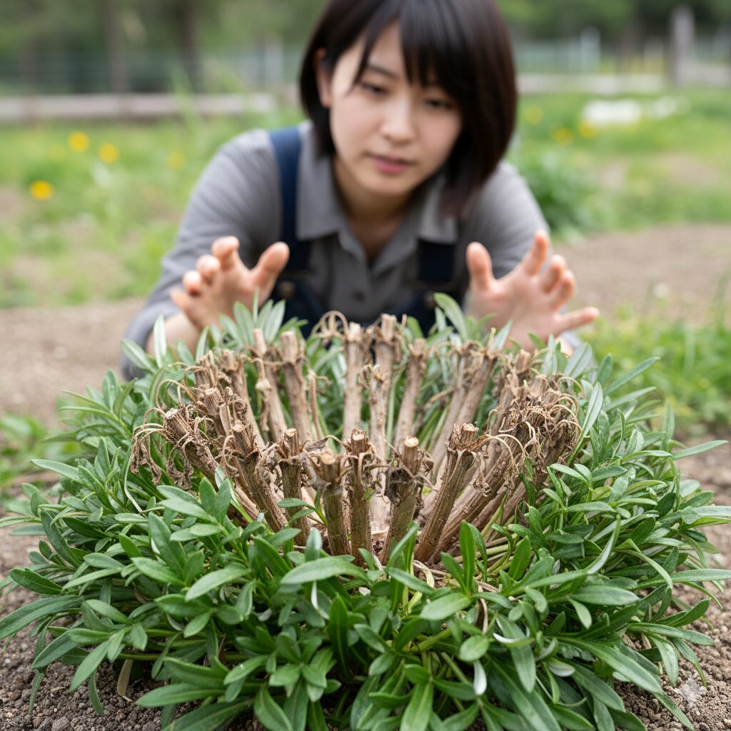 ガザニア 株分け やり方2　春の3月から5月に、ガザニアの株分け作業を始めるガーデナーの様子。