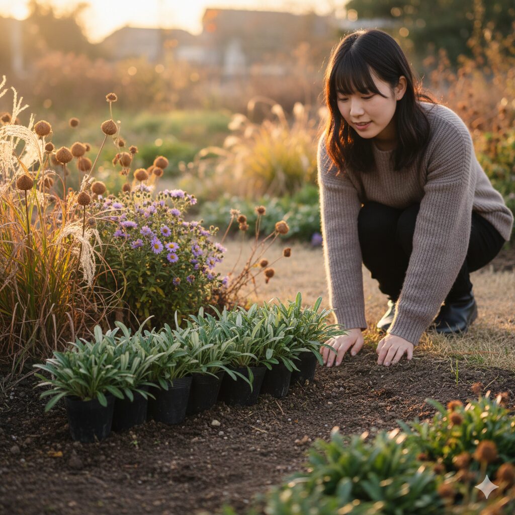 ガザニア 株分け やり方4　秋の9月から10月に株分けを行い、冬越しに向けて根を張らせるガザニアの苗。