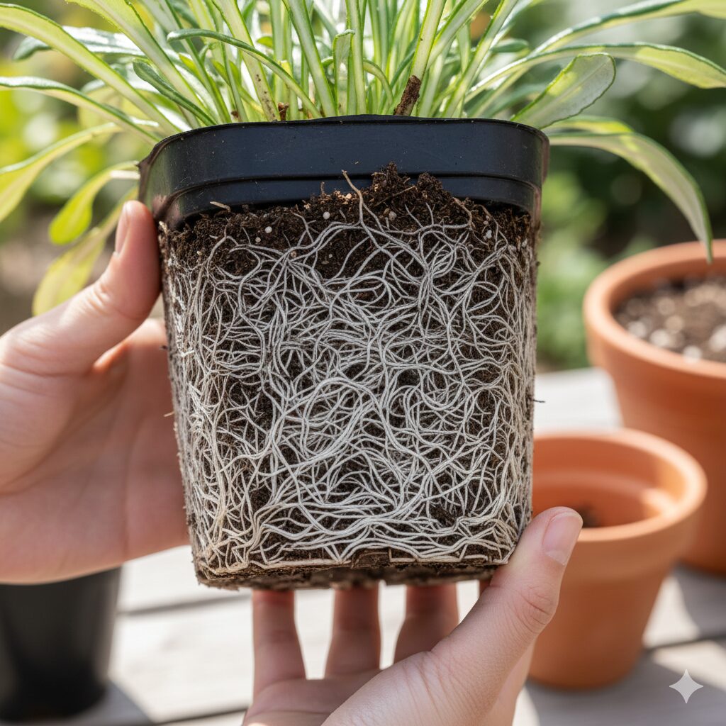 ガザニア 株分け やり方5　鉢の中で根がびっしりと回り、根詰まりを起こしているガザニアの根系の様子。