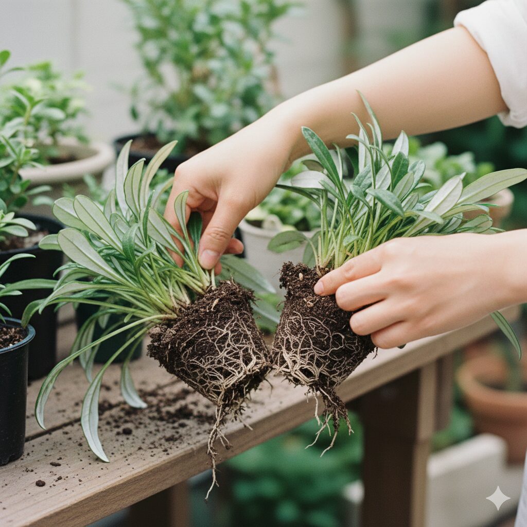 ガザニア 株分け やり方6　1株に3〜5芽がつくように、手で丁寧に分割されるガザニアの株分け作業。