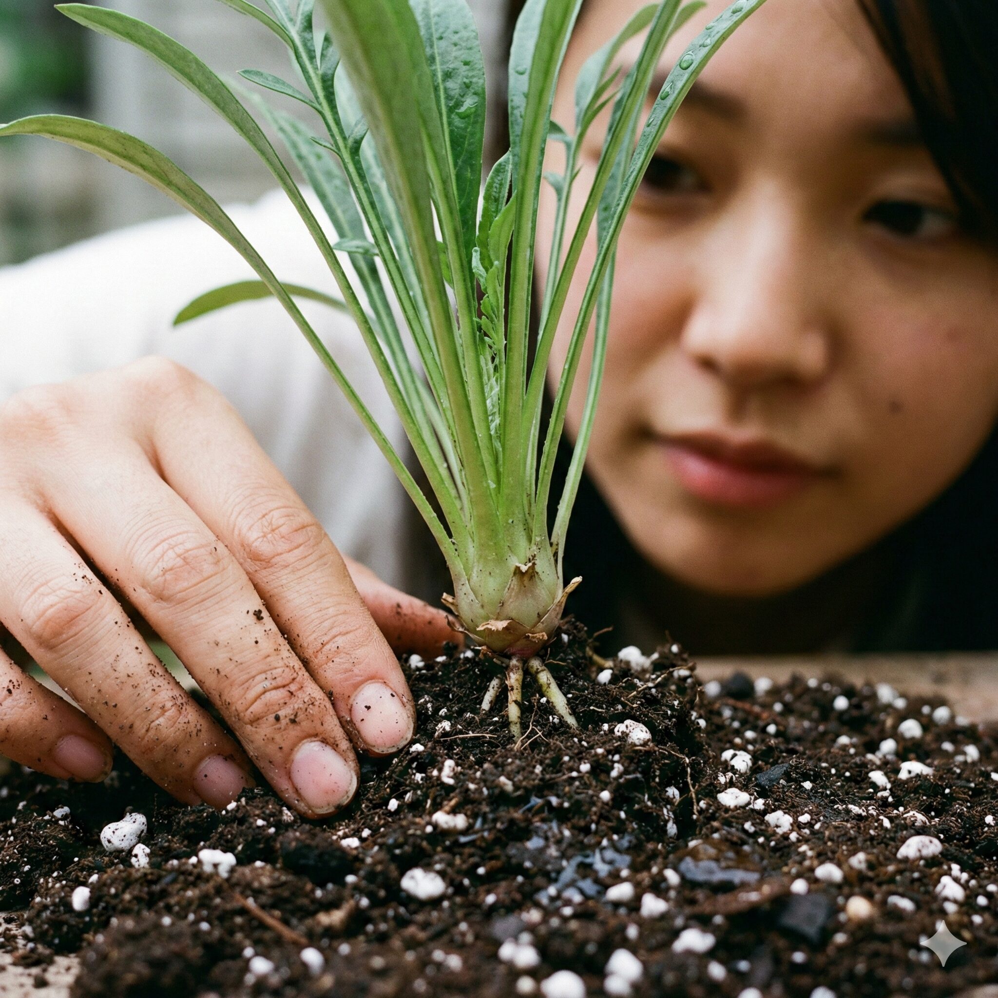 ガザニア 株分け やり方9　根腐れを防ぐため、株元の芽（クラウン）を土に埋めずに浅く植え付けたガザニア。