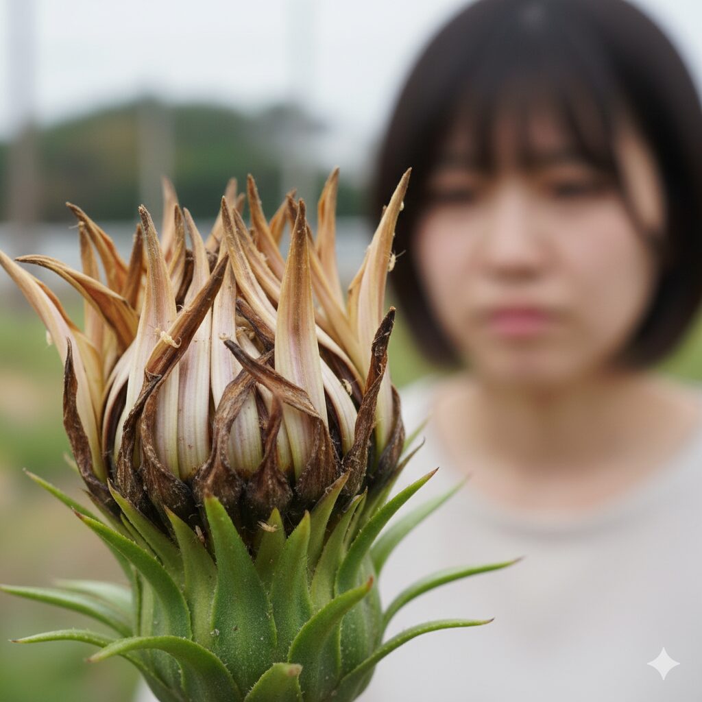 ガザニア 開花時期10  アザミウマ（スリップス）の食害により、変形や変色を起こして開花できなくなったガザニアの蕾