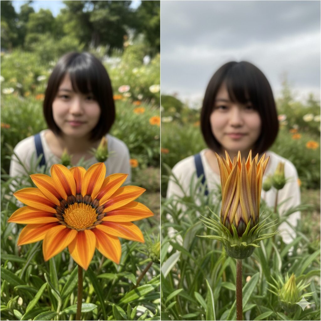 ガザニア 開花時期5 昼間の日差しで開いた状態と、夕方や曇天時に閉じた状態のガザニアの花の比較写真