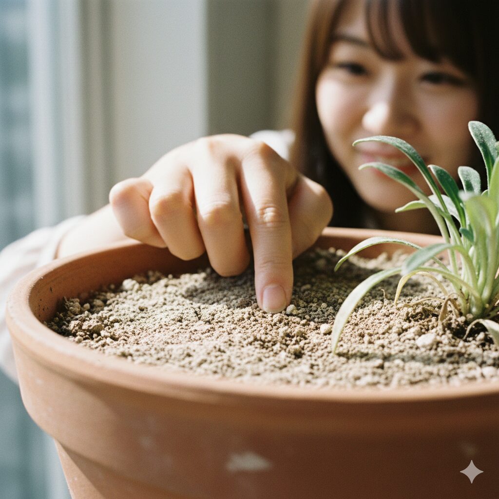 ガザニア 開花時期7 水やりのタイミングを確認するため、乾燥して白っぽくなった鉢土の表面を指で触れている様子