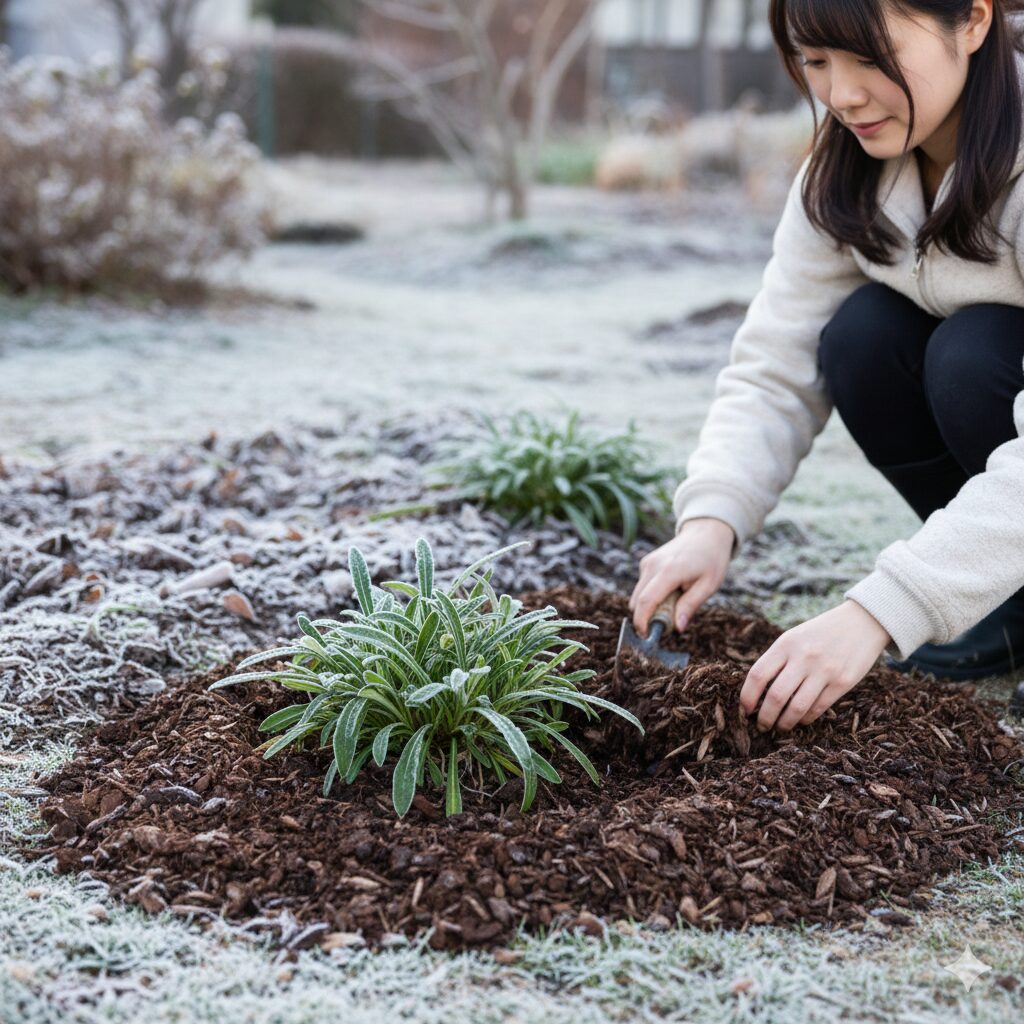 ガザニア 開花時期8 冬の寒さから根を守るため、株元にバークチップでマルチングが施された地植えのガザニア