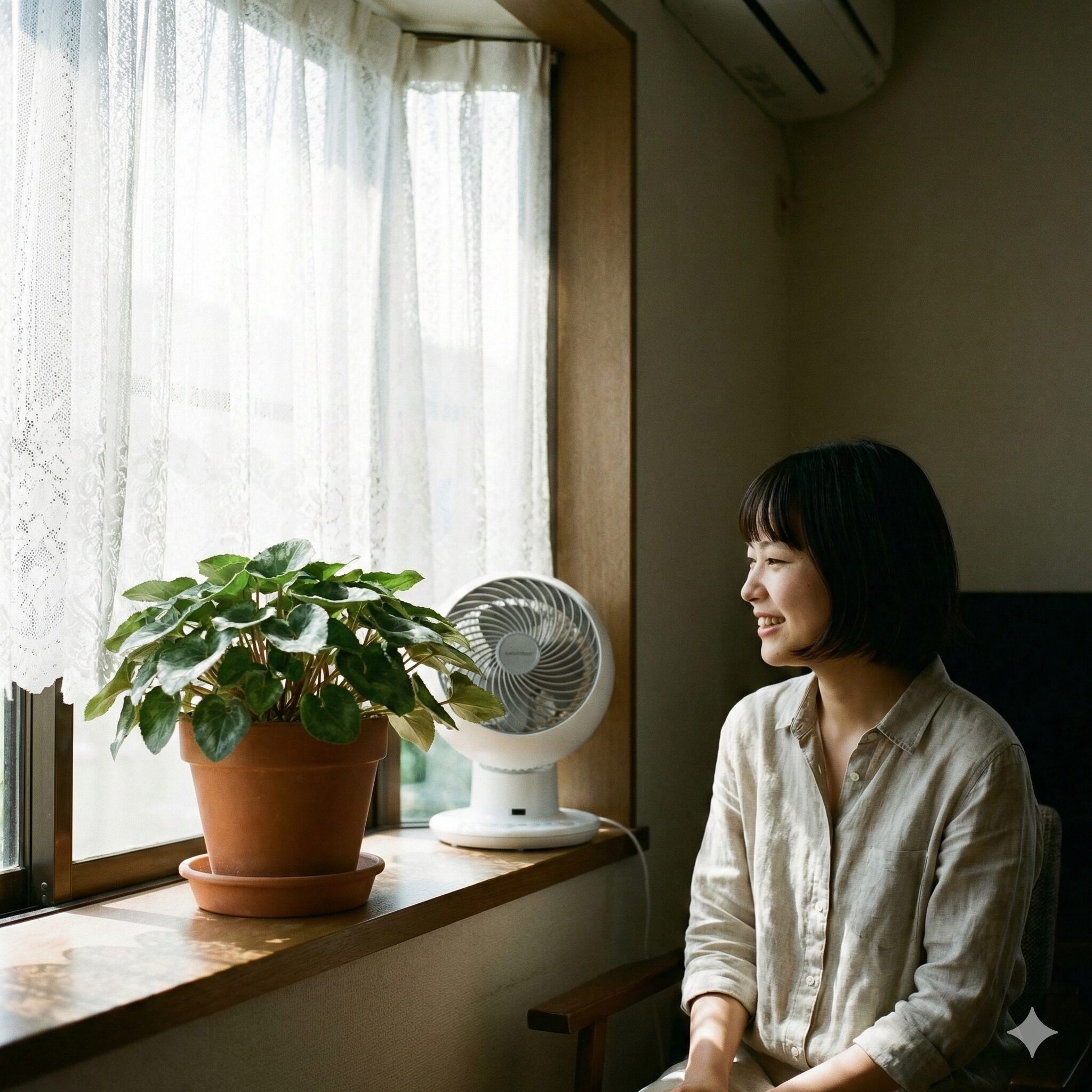 シクラメン 夏越し 室内1　室内で夏越し中のシクラメン。レースのカーテン越しの柔らかな光が当たる窓辺に置かれ、サーキュレーターの微風が当たっている様子。徒長と蒸れを防ぐ理想的な環境。