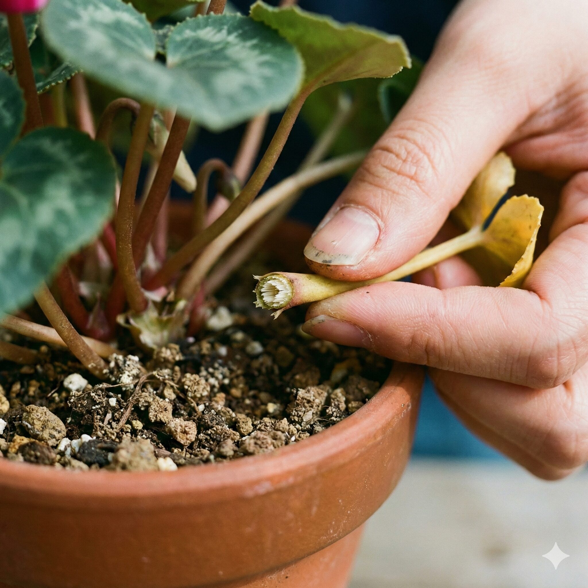 シクラメン 夏越し 室内10　シクラメンの枯れ葉除去作業。ハサミを使わず、手で茎の根元をひねりながら引き抜くことで、傷口を最小限にし軟腐病を予防している様子。