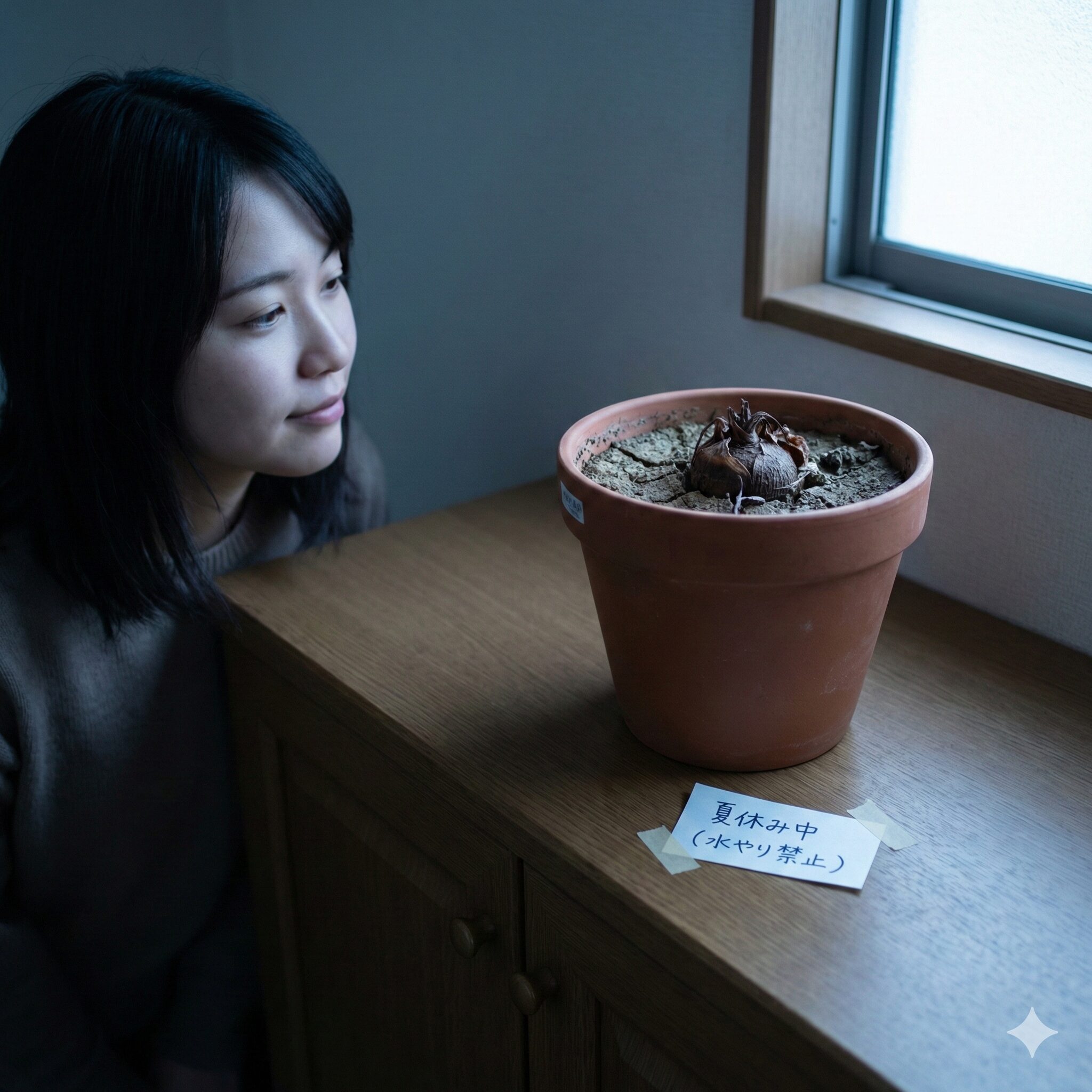 シクラメン 夏越し 室内2　休眠法で夏越し中のシクラメン。葉が完全に枯れ、乾燥した土の中で球根が休眠している状態。冷暗所で水を断って管理されている。