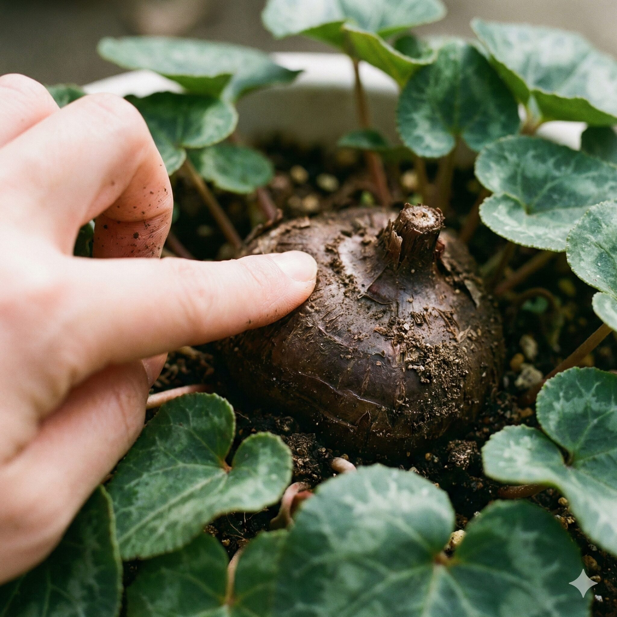 シクラメン 夏越し 室内3　シクラメンの夏越し前の健康チェック。指で球根を押して硬さを確認している様子。健康な球根は硬く張りがある。