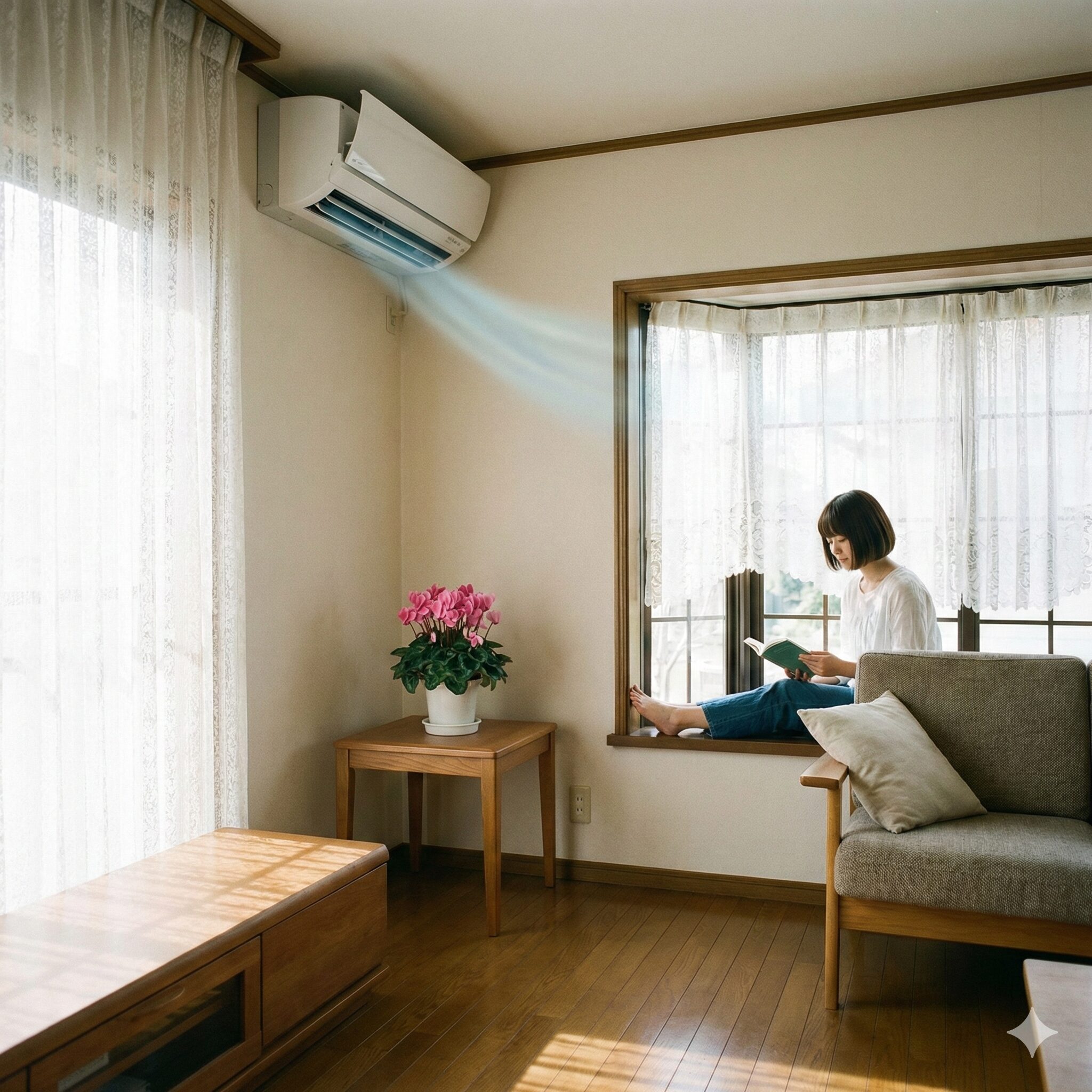 シクラメン 夏越し 室内4　シクラメンの室内夏越しの置き場所例。エアコンの風が直接当たらないようルーバーを上向きにし、離れた明るい窓辺に鉢を配置している。