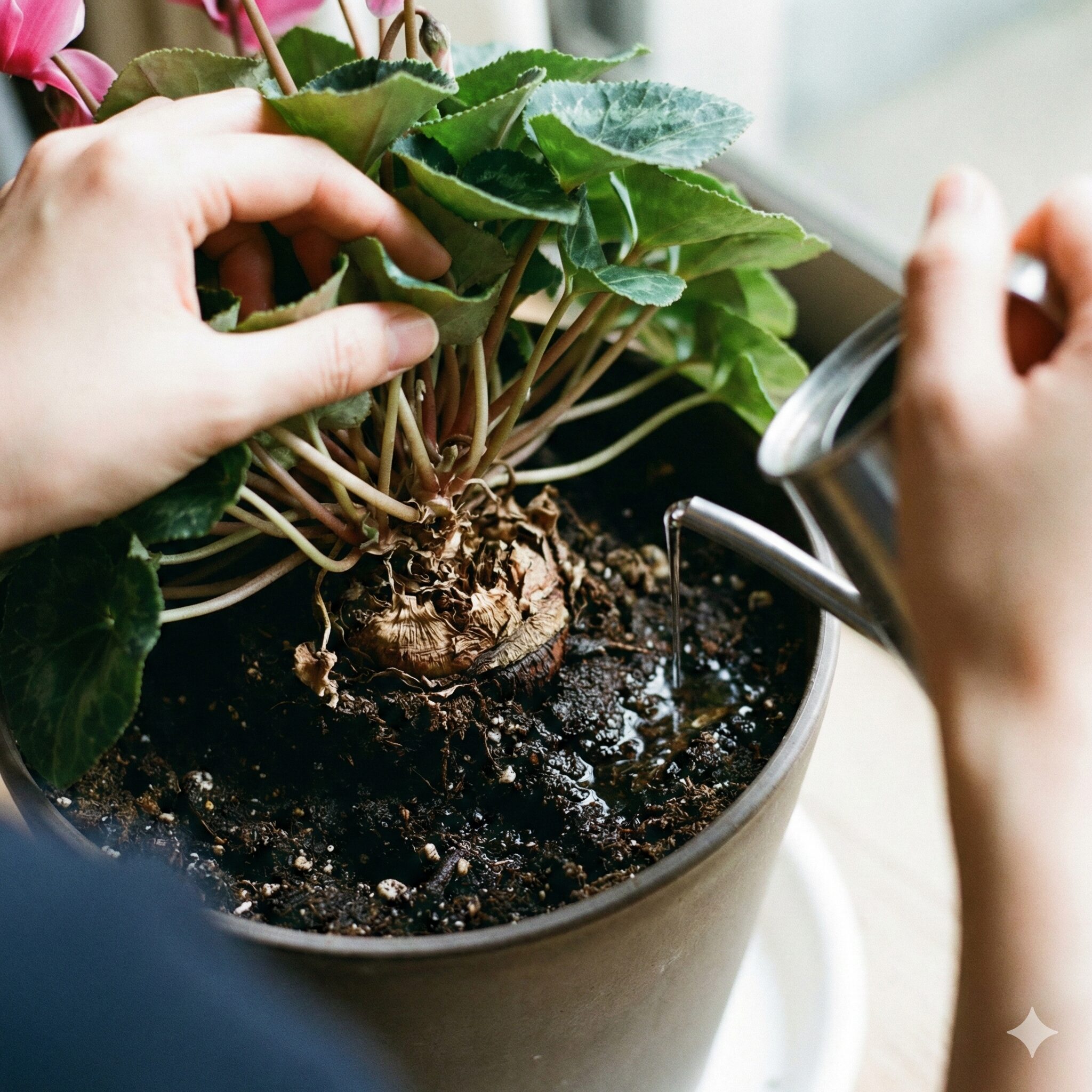 シクラメン 夏越し 室内6　シクラメンの正しい水やり方法。球根の頂部（クラウン）を避け、葉を持ち上げて鉢の縁から静かに土へ水を注いでいる様子。軟腐病予防の重要テクニック。