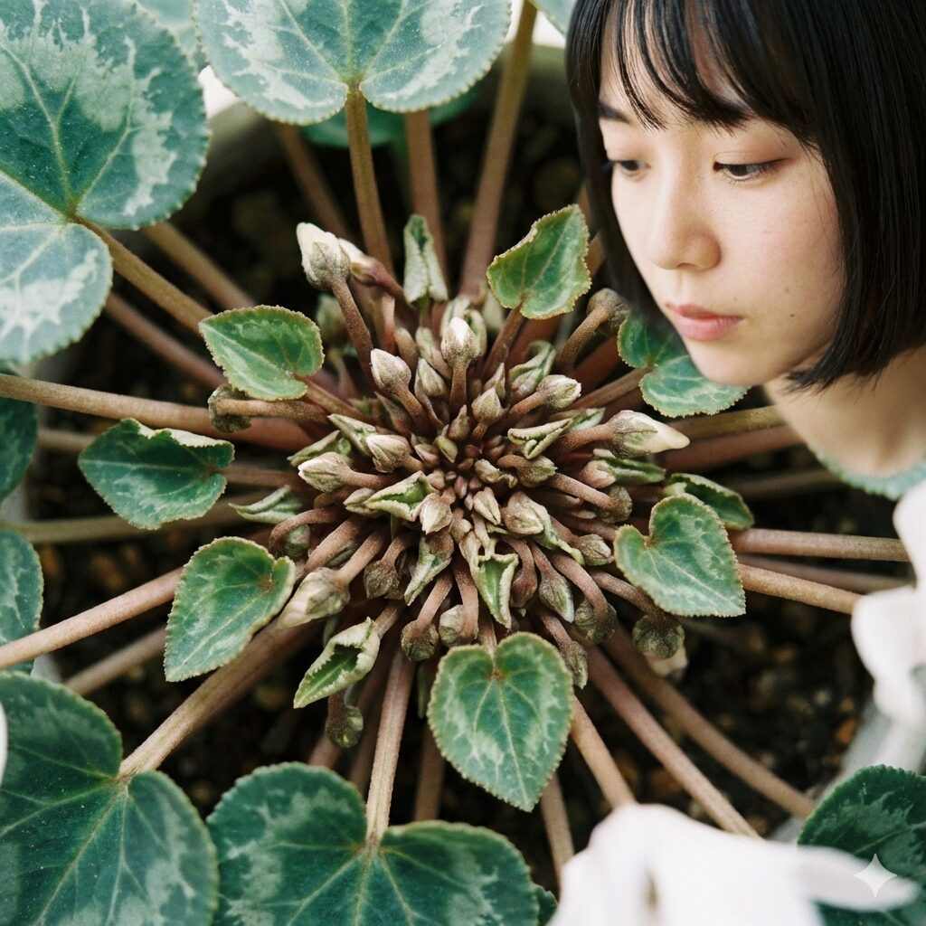 シクラメン 水やり 底面給水3　乾燥して健康なシクラメンの球根頂部（クラウン）の様子